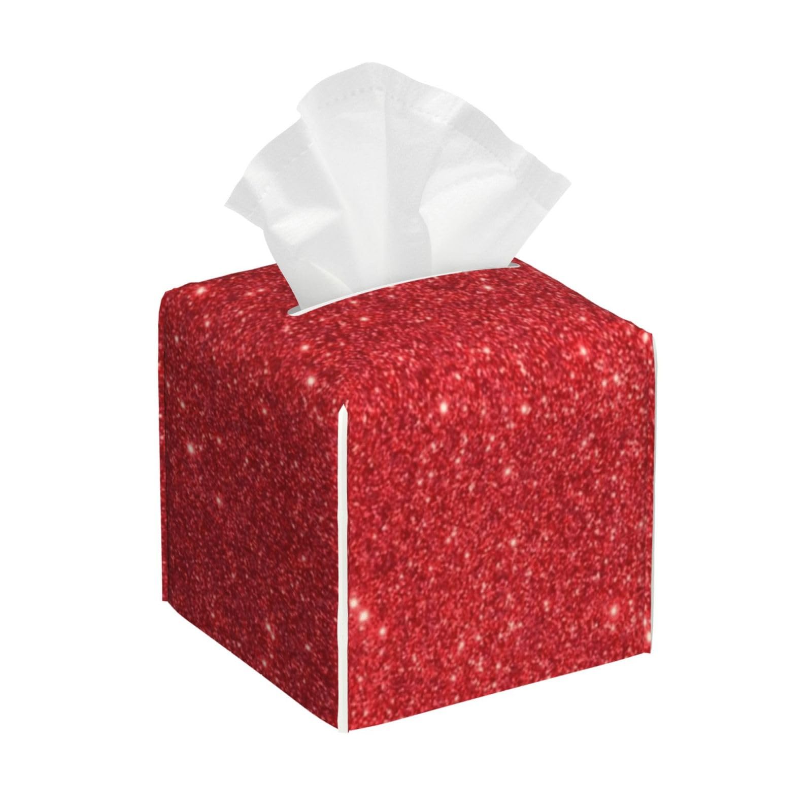 Red Glitter Tissue Box Cover 5" Square Leather Tissue Holder Facial Tissue Case for Tabletop Bedroom Bathroom Desk Decor