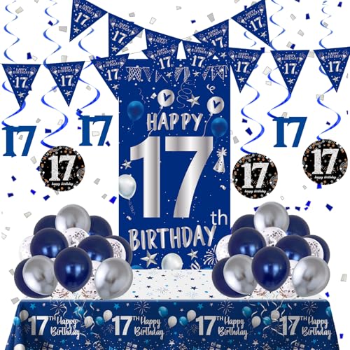 17th Birthday Decorations for Boys Girls, Blue Silver Happy 17th Birthday Party Decorations Supplies - 17th Birthday Backdrop Banner Tablecloth Triangle Flag Balloons for 17 Year Old Boy Party Decor