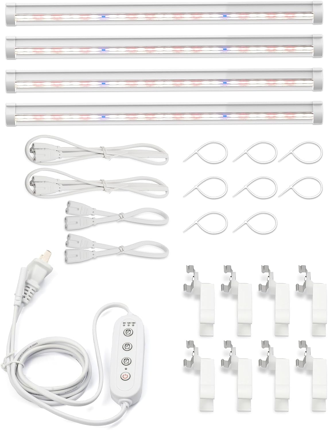 T8 LED Indoor Plant Grow Lights,15W 17.72Inches Full Spectrum Plant Lights per 1pcs, Includes 9/12/15 time Controller, lamp Connecting Cable，Ø 25 mm PVC Pipe Light Clips (White, 4pcs)