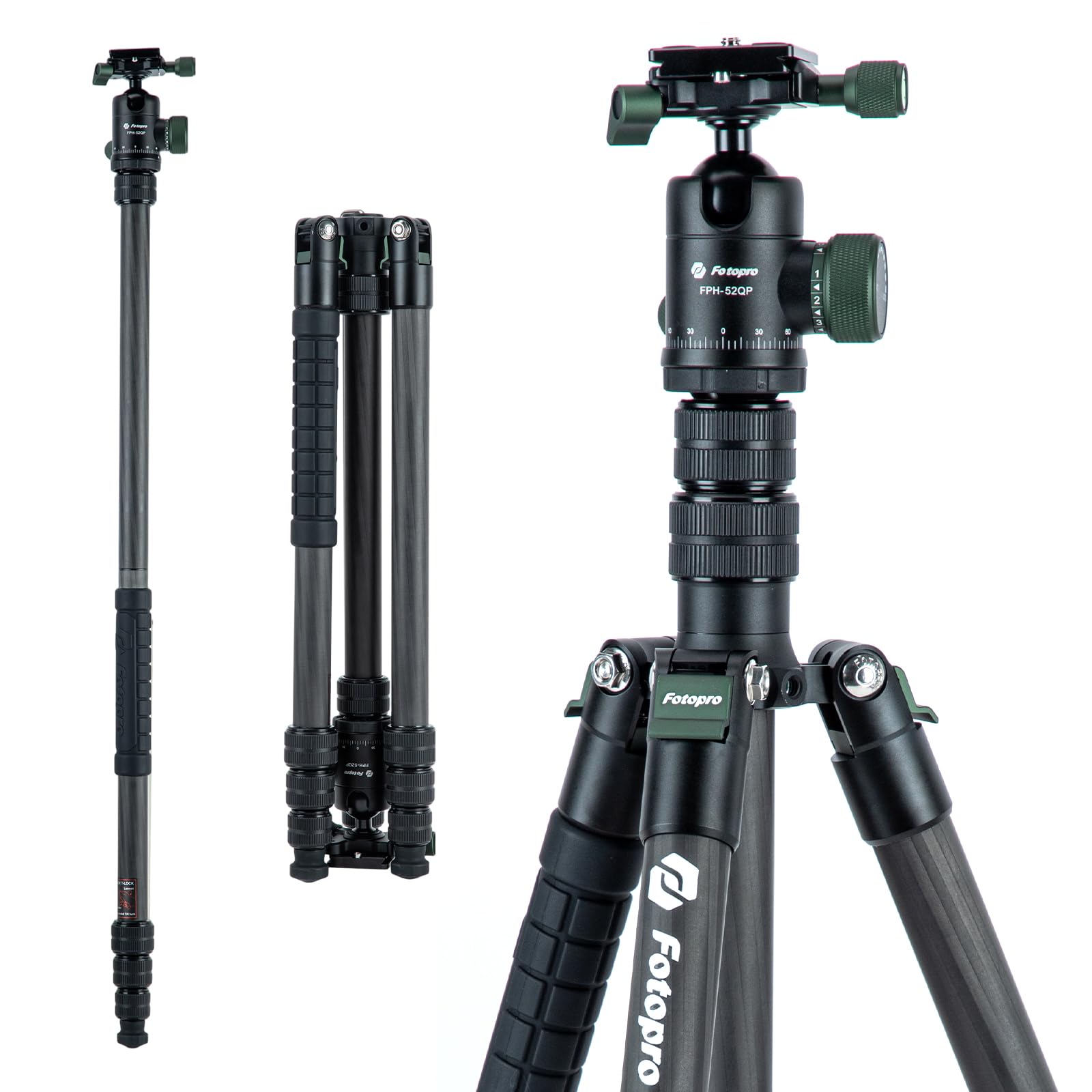 Fotopro 73"/185cm Carbon Fiber Travel Tripod for Camera, 360° Panorama Ball Head, Arca Quick Release Plate and Bag, Detachable Monopod for DSLR Camera Camcorder, Load up to 22lbs/10kg. X-Go Plus Green