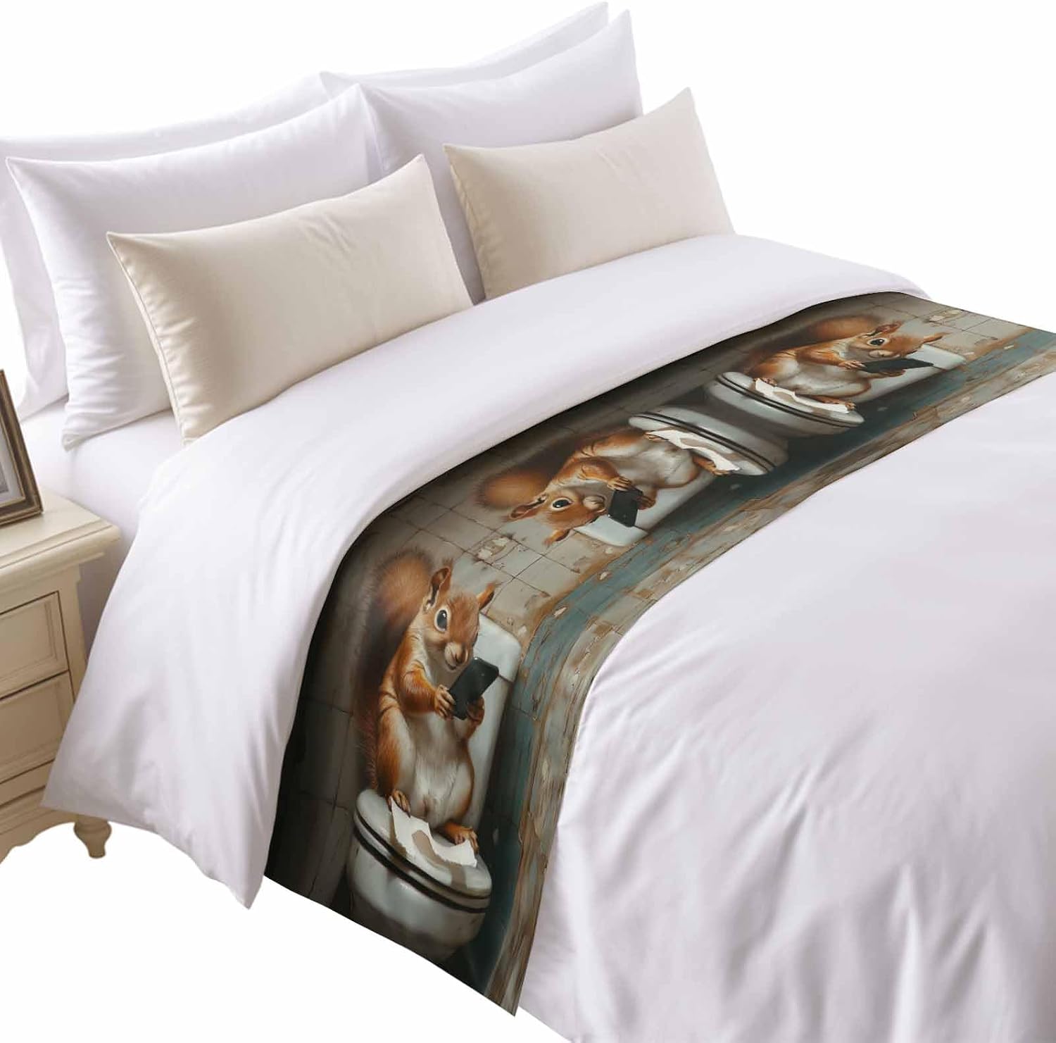 Bed Runner Squirrel Sits on The Toilet Decorative Bed Scarf for Bedroom and Hotel Funny Squirrel Soft Satin Bed Runners for Queen Size Bed 83x20in