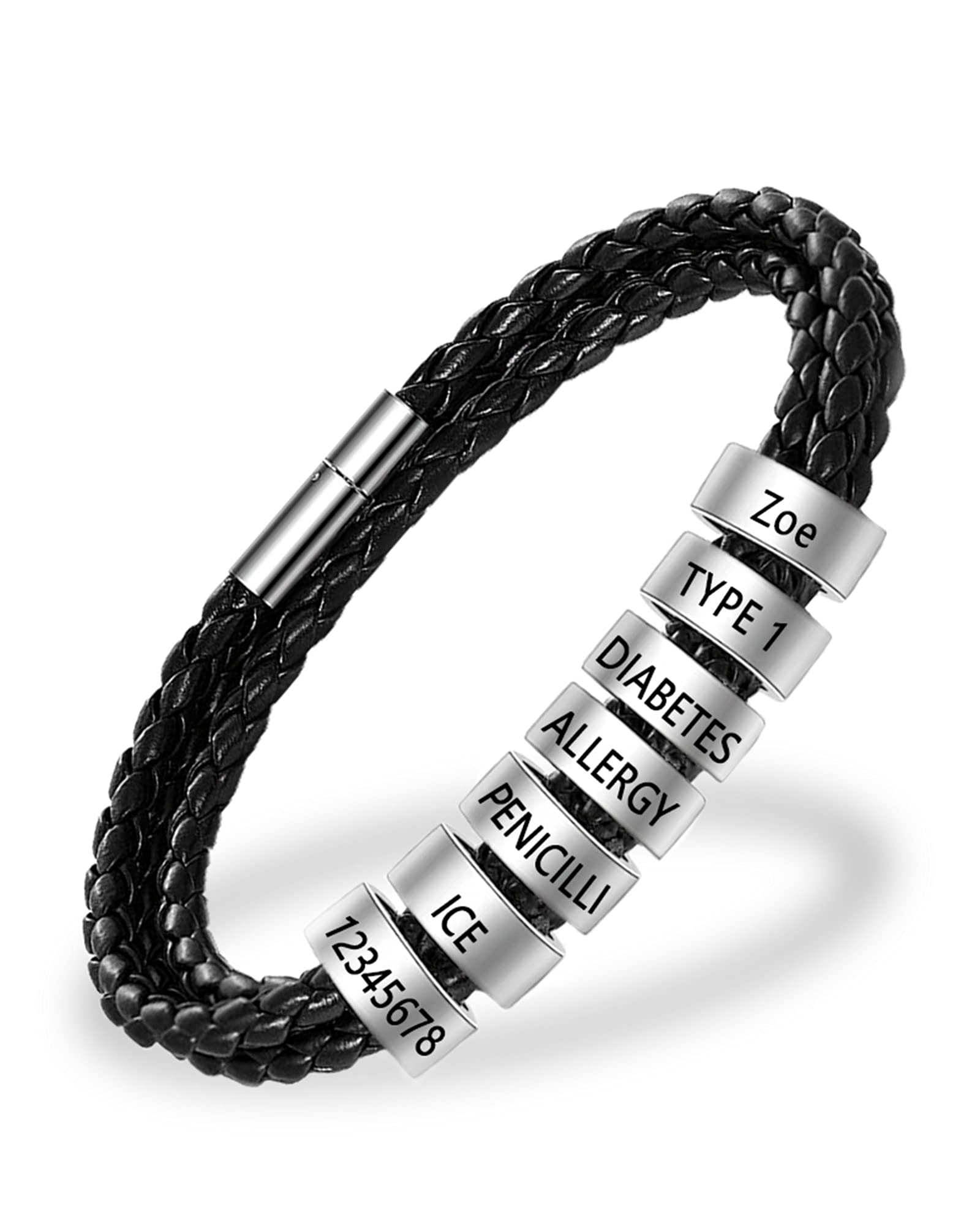 Mens Leather Bracelets with 1-8 Engraved Beads Name, Custom Name Braid Bracelet Personalized Men's ID Bracelet for Dad, Grandpa