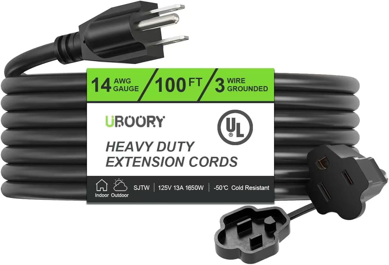 Outdoor Extension Cord Waterproof 100 FT, Black 14/3 SJTW Heavy Duty, Flexible 100% Copper 3 Prong Extension Cord for Lawn, Garage,UL Listed