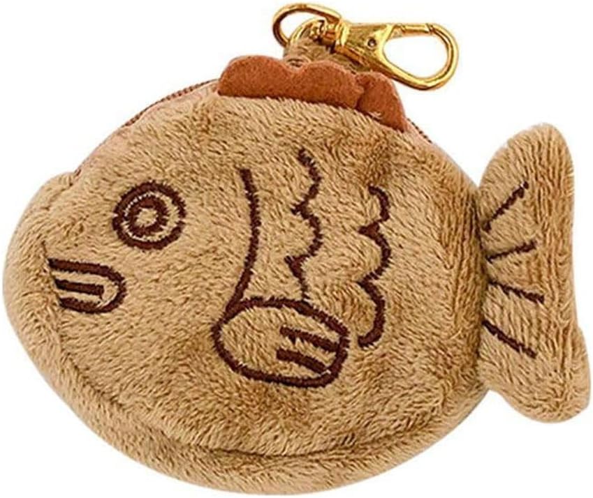 1Pc Brown Cute Plush Coin Purse Keychain, Mini Wrist Purse Bag, Japanese Creative Adjustable Soft Taiyaki Coin Pendant With Zipper Plush Pouch for Girl Women's Coin Purses and Pouches, Fish
