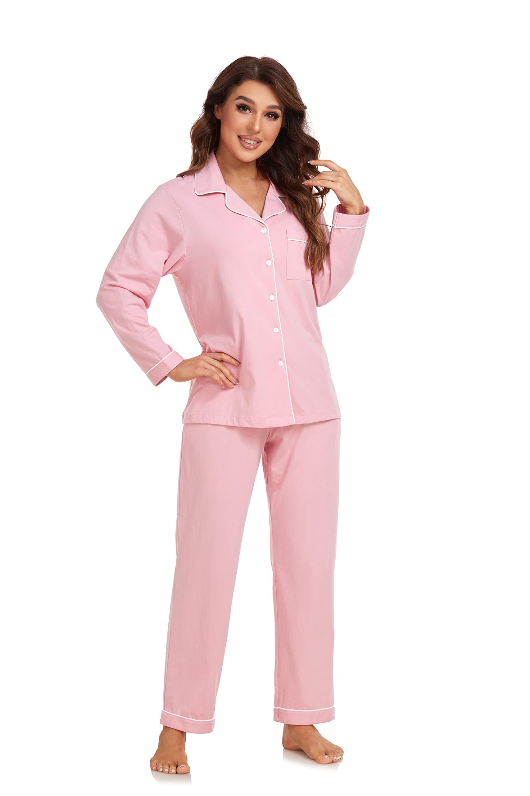 COLORFULLEAF Schlafanzug Damen Lang 100% Baumwolle Pyjama Damen mit Knopfleiste Langarm Zweiteiliger Nachtwäsche Hausanzug(Rosa,2XL)
