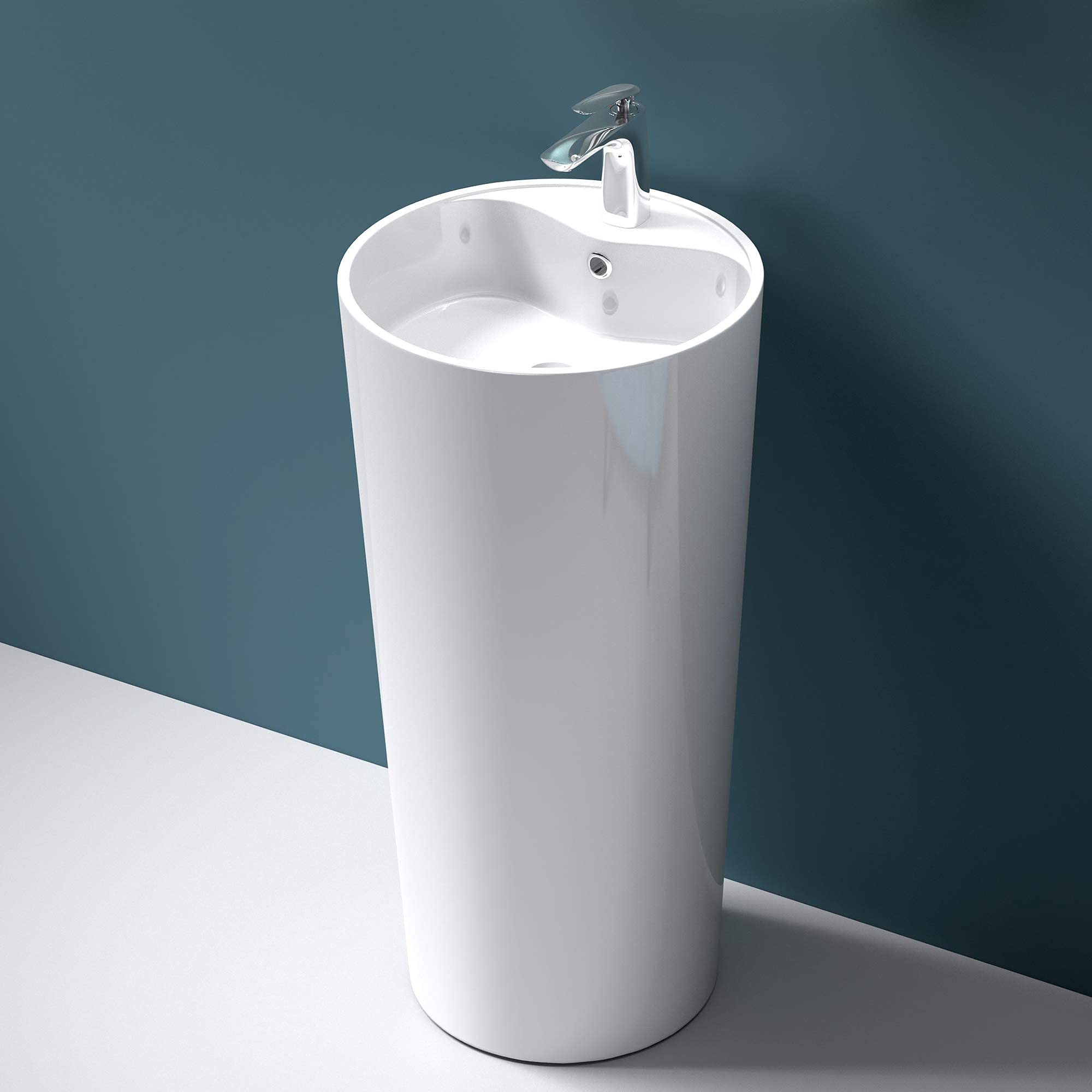 Mai & Mai Lavabo sur Pied Rond 45x45x90cm Blanc avec Trop-Plein | Lave Mains, Perçage Robinet, Résine de Synthèse, pour Salle de Bains Contemporaine, Colossum35