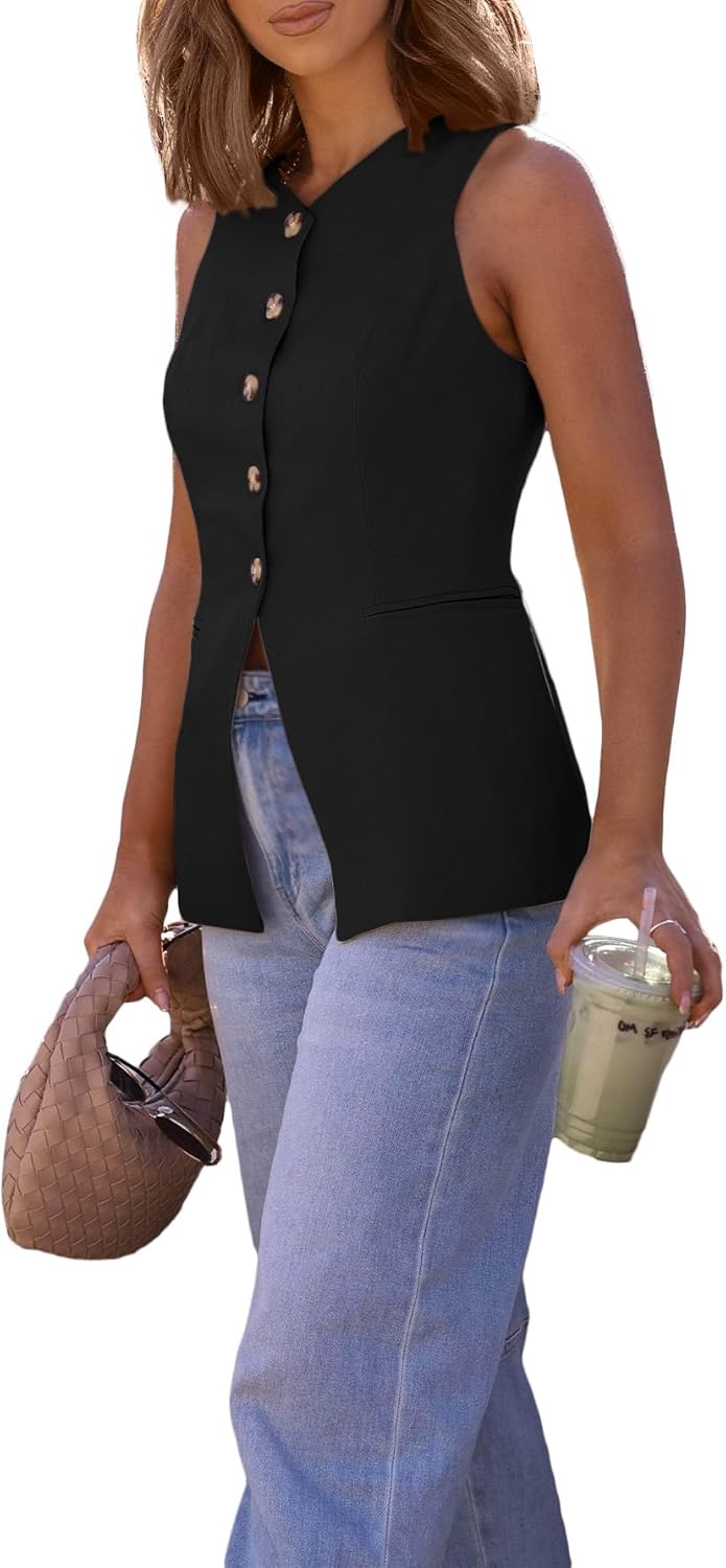 Mina Self 2025 Womens Summer Sleeveless Blazer Vest Lightweight Button Down V-Neck Casual Fashion Work Jacket Pockets - Image 3