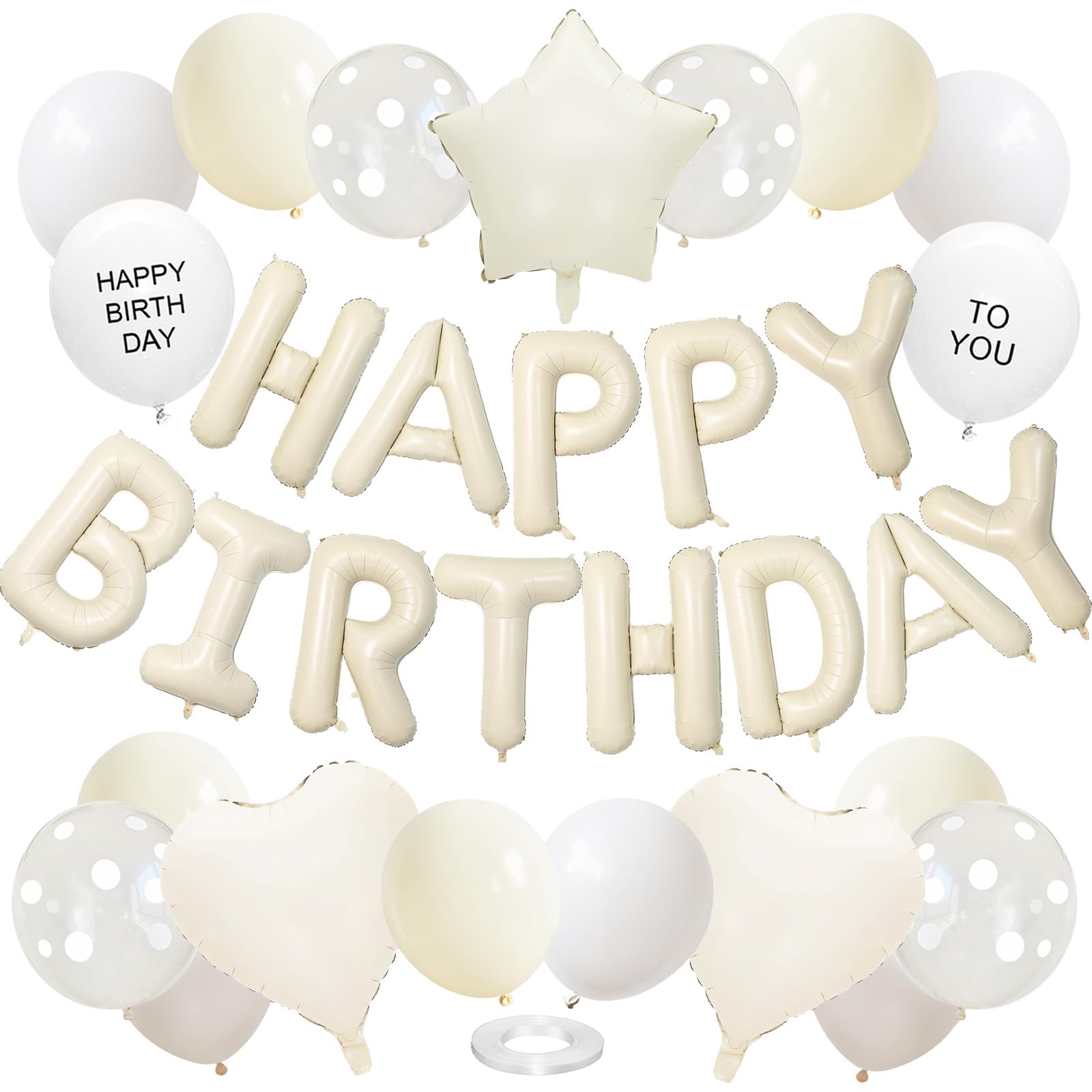 GRESATEK 誕生日 風船 バルーン 飾り付けセットHappy Birthday 文字 星 クリアドット風船 ハッピーバースデー 飾り 豪華セット リボン付き くすみホワイト