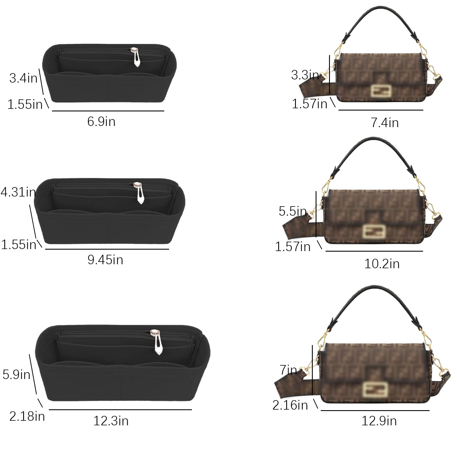 Lckaey Organizador de fieltro para bolso de baguette FENDI inserto para bolso fendi organizador baguette Y090black-L