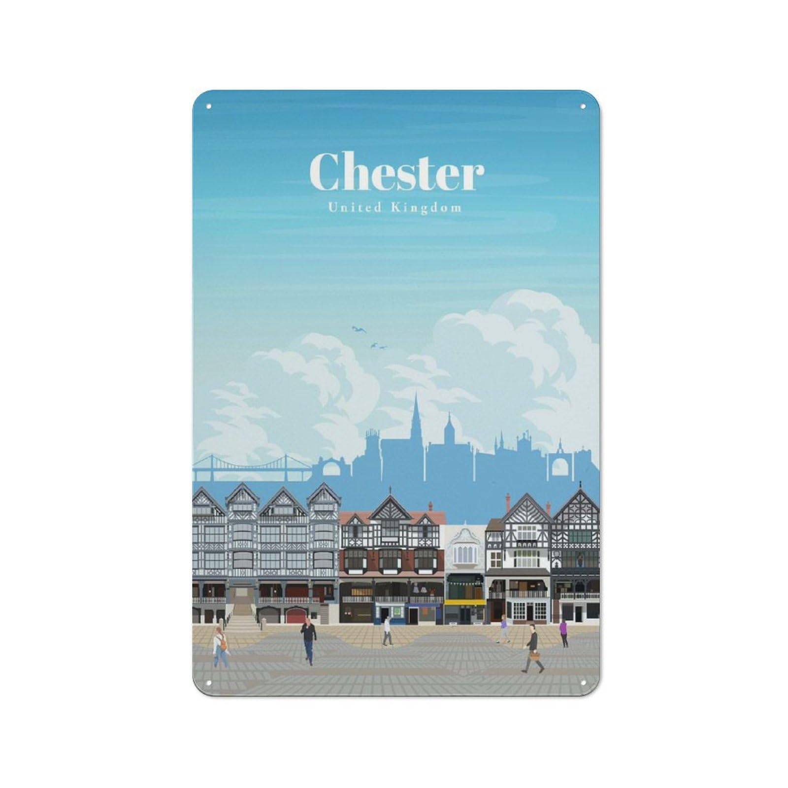 Junmoney Travel To Chester Printed Metal Sign, Clean Printed Wall Decor For City Themed Room, Study Or Gallery Wall, 30X20cm