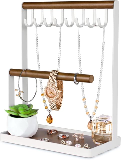 AJINGSHANG Jewellery Stand Holder, 3-Tier Necklace Hanging Wooden Ring Organiser Earring Tray, 8 Hooks Storage Necklaces, Bracelets, Rings and Watches Display on Desk Tabletop- White