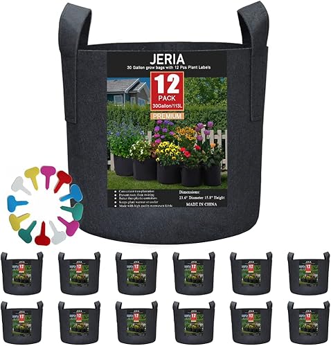 JERIA - Paquete de 12 bolsas de 30 galones para cultivar vegetales, floresplantas, macetas de tela con aireación y asas (negras), con 12 etiquetas