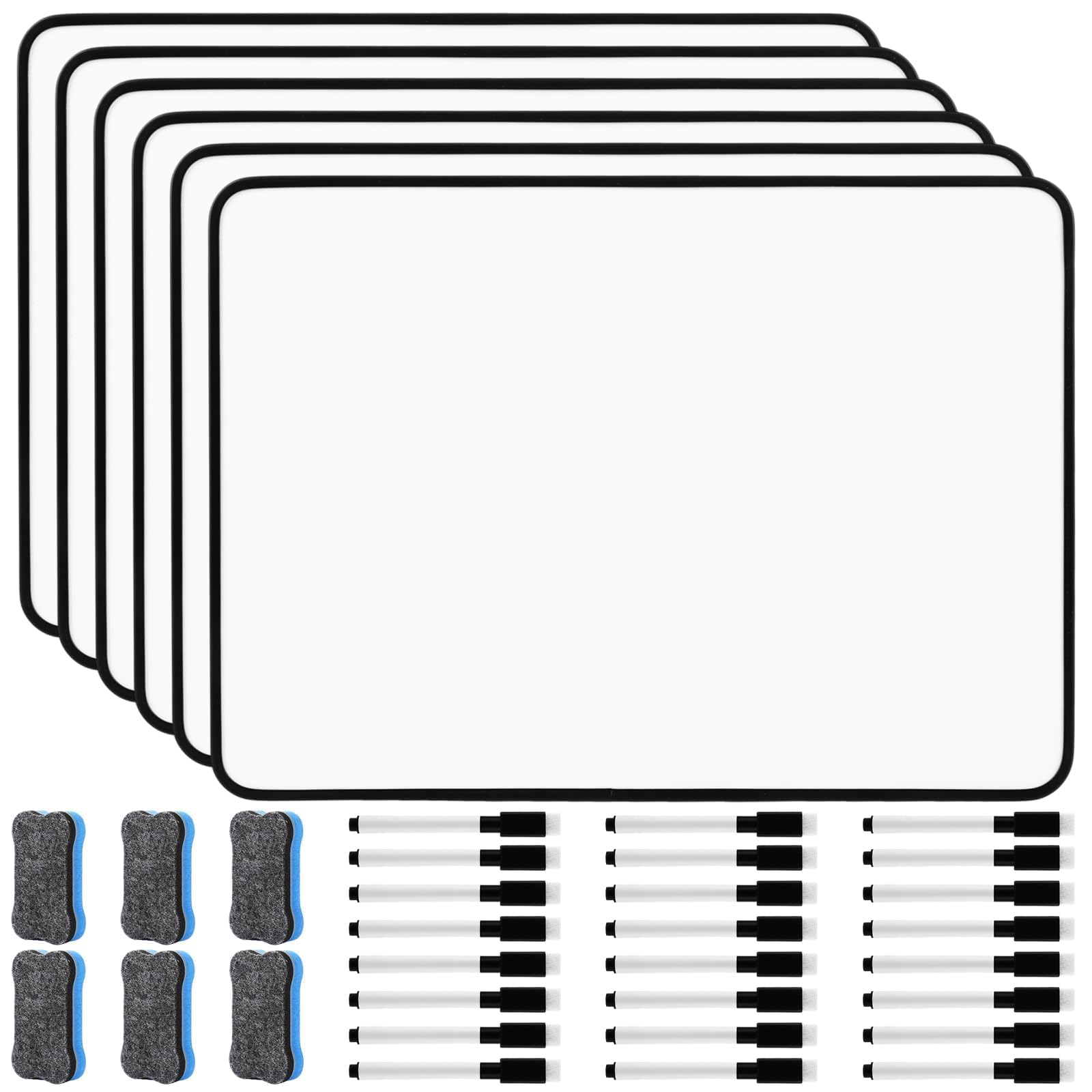 6 Stück 30 X 21cm Whiteboard Klein A4 Mini Whiteboard Doppelseitige mit Schwarzem Rahmen mit 24 Stiften und 6 Board Radierer, Abwischbare Tafel für Klassenzimmer, Schule, Büro, Haus