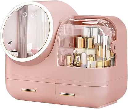 Makeup Box with Mirror, Large Capacity, Cosmetic Pouch, Cosmetic Storage, LED Light, Rotates 360 Degrees, Freestanding, Makeup Brush Storage, Adjustable Dividers, Waterproof, Dustproof, USB Charging, Portable, For Professionals, Cosmetics, Skincare, Pink