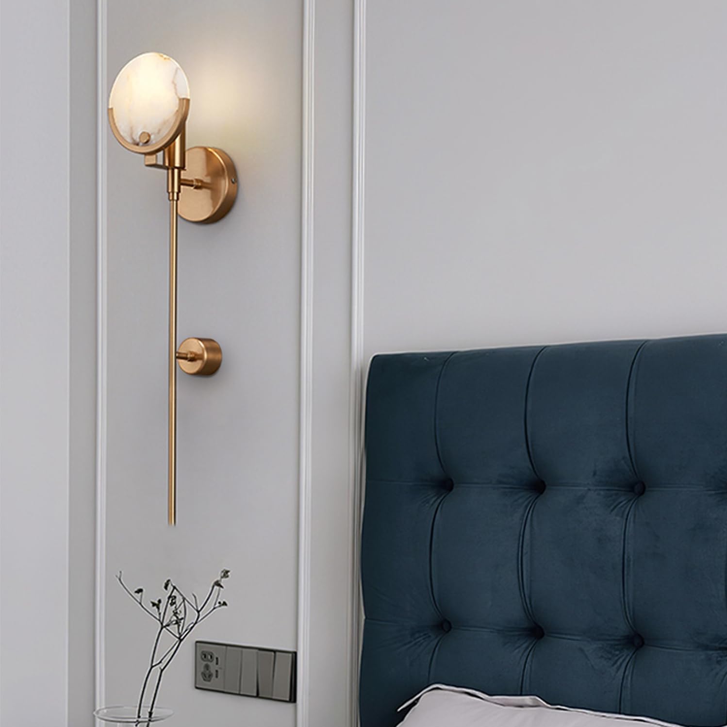Alabaster Wall Sconces 23.6" Mid Century Modern Wall Light Brass Double Discs Natural Marble Sconce Wall Decor Gold Wall Lamp for Living Room Bedroom Hallway Entryway (E12 Bulb Included)