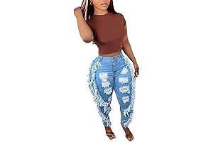 Women's Distressed High Waist Ripped Jeans with Cut Out Details
