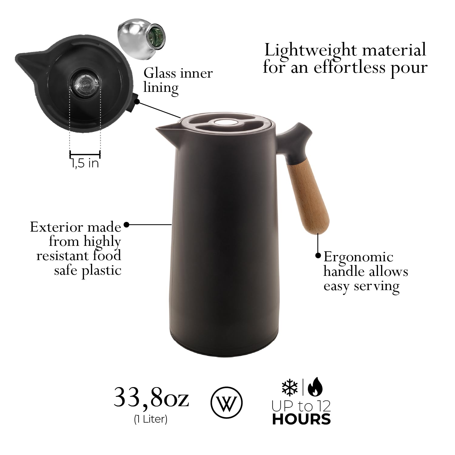 WOLFF Jarra térmica negra para mantener el calor o el frío, termo de doble pared aislada para té, bebidas calientes de agua, dispensador de café a prueba de fugas con mango de madera, botella térmica