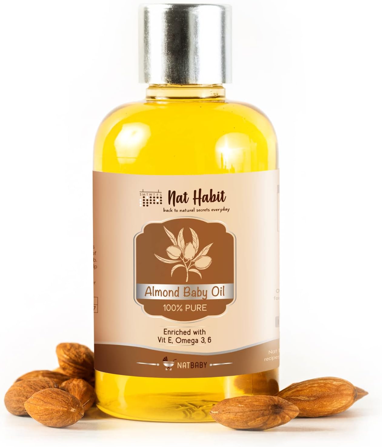 Nat Habit 100% Pure Almond Baby Oil For Baby Skin & Hair, Enriched With Vit E & Omega-3, 6 Non-Refined, LLP Free, Chemical & Preservative Free - 100 ml