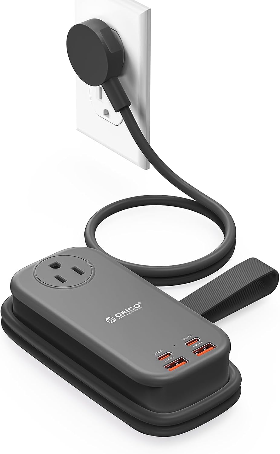 ORICO 100W GaN Power Strip for Laptop, 6 in 1 Multiple Outlets Extension Cord(2 AC Outlets, 2 USB-A, 2 USB-C Ports), 5ft Wrapped Flat Plug for Travel/Office ETL Listed