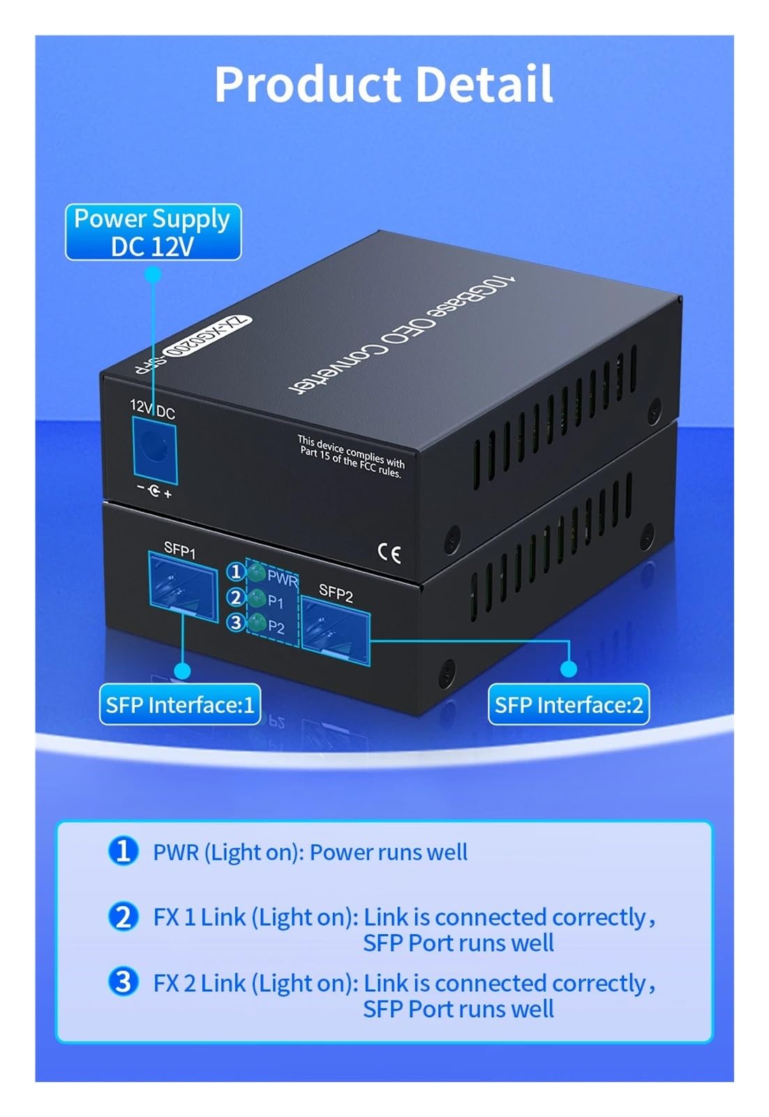 Convertisseur S/FP vers S/FP 10 Gbit/s, Deux emplacements S/F-P+ 10 Gbit/s, convertisseur de média Fibre Optique 100 Mbit/s/1 Gbit/s/2,5 Gbit/s/10 GB/s(A/.U Adapter)