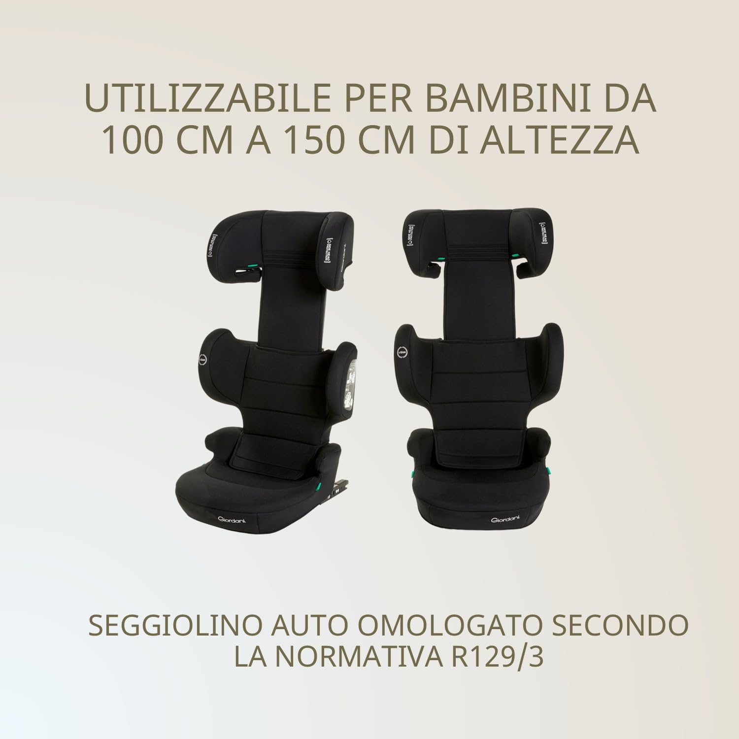 Giordani Ares Seggiolino Auto 100-150 cm i-Size, Omologato R129/03 con Connettori Isofix, Schienale Pieghevole Salvaspazio, Poggiatesta Regolabile e Tessuti Morbidi, Per Bambini dai 3 ai 12 Anni