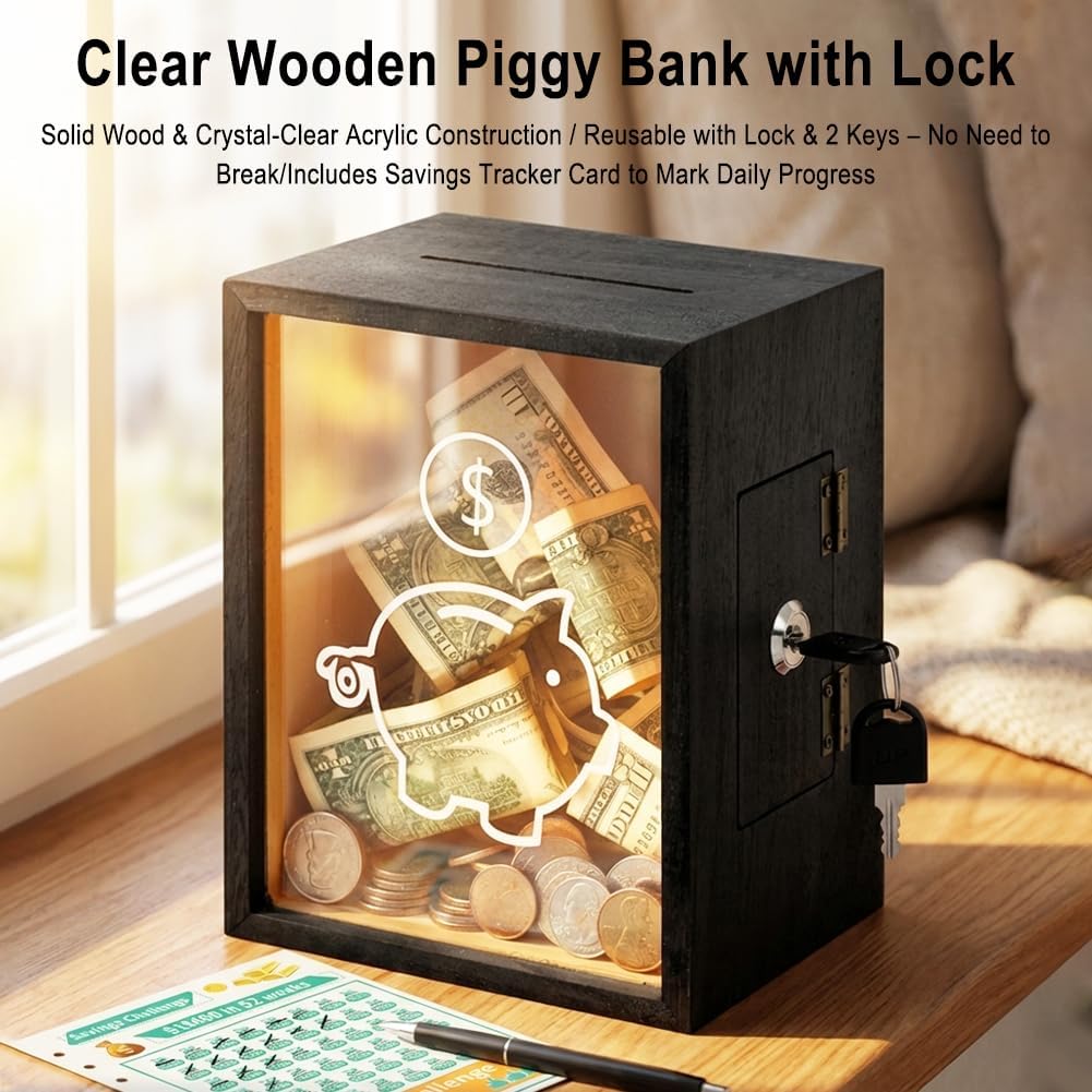 Clear Piggy Bank with Lock and Key, Large Reusable Acrylic Money Saving Box with Saving Tracker Cards, Openable Coin and Cash Bank for Kids and Adults