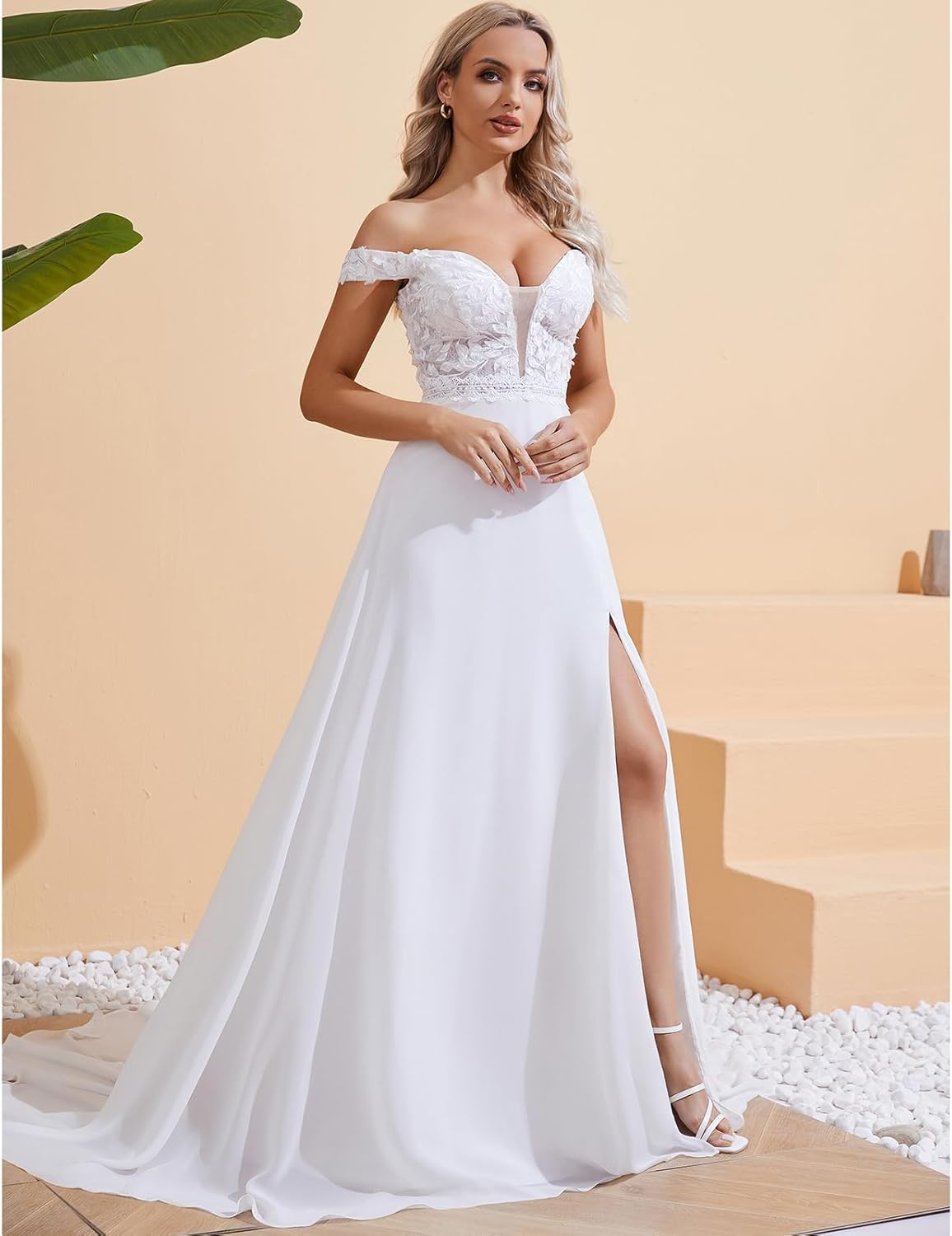 WIOJEIGO Women's Wedding Dresses Chiffon A-Line for Bride 2024 Lace Appliques Formal Long Bridal Dress