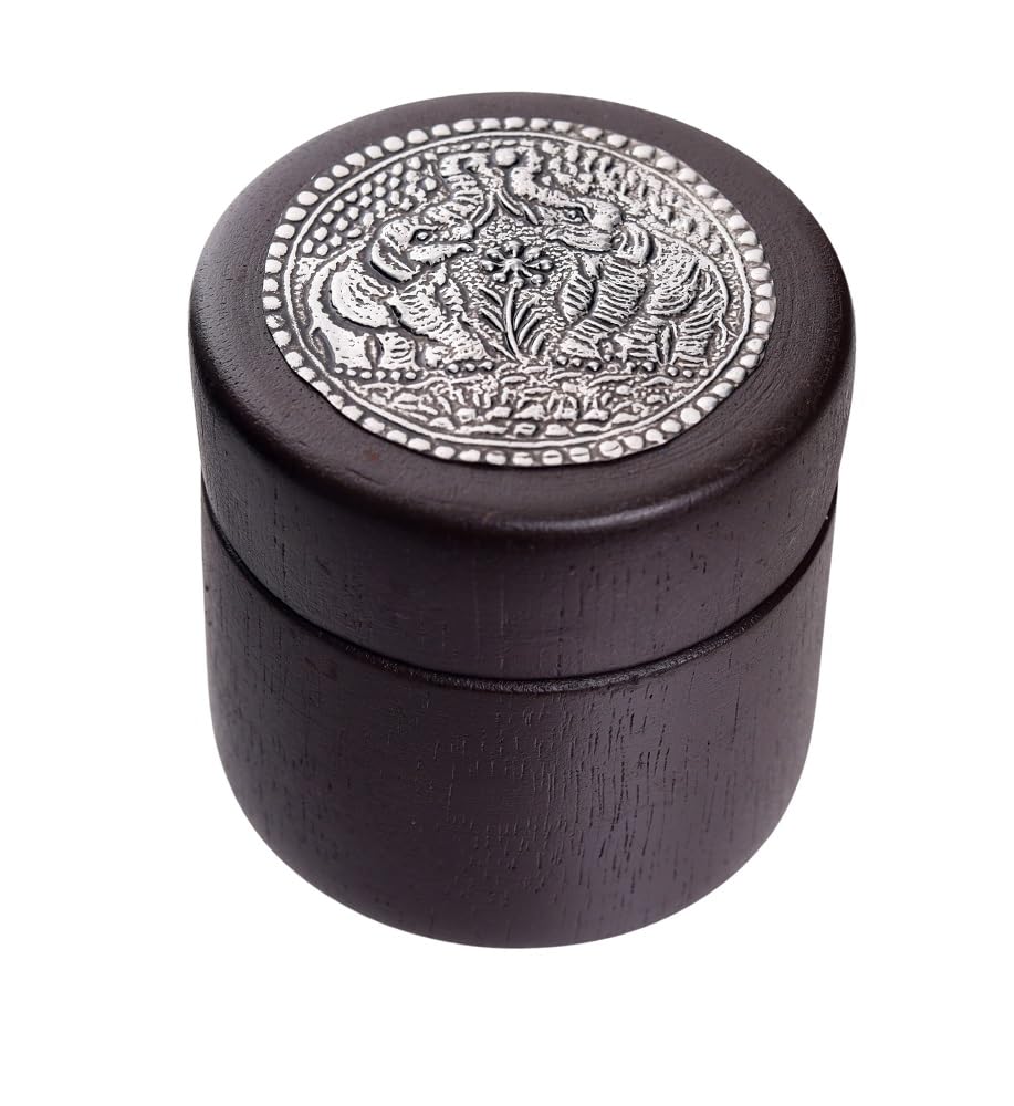 Round Handmade Wooden Box Vintage Mango Wood Wooden Box with Elephants Carving (Black Wooden Box)