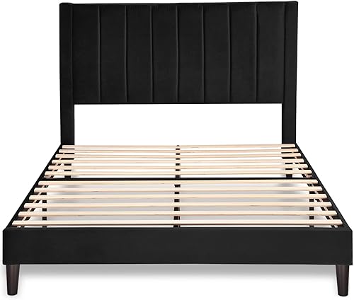 Miniatura 18 de Allewie - Base de cama tapizada en terciopelo, cabecera capitoné de canales verticales, listones de madera reforzados, opción de somier, fácil de