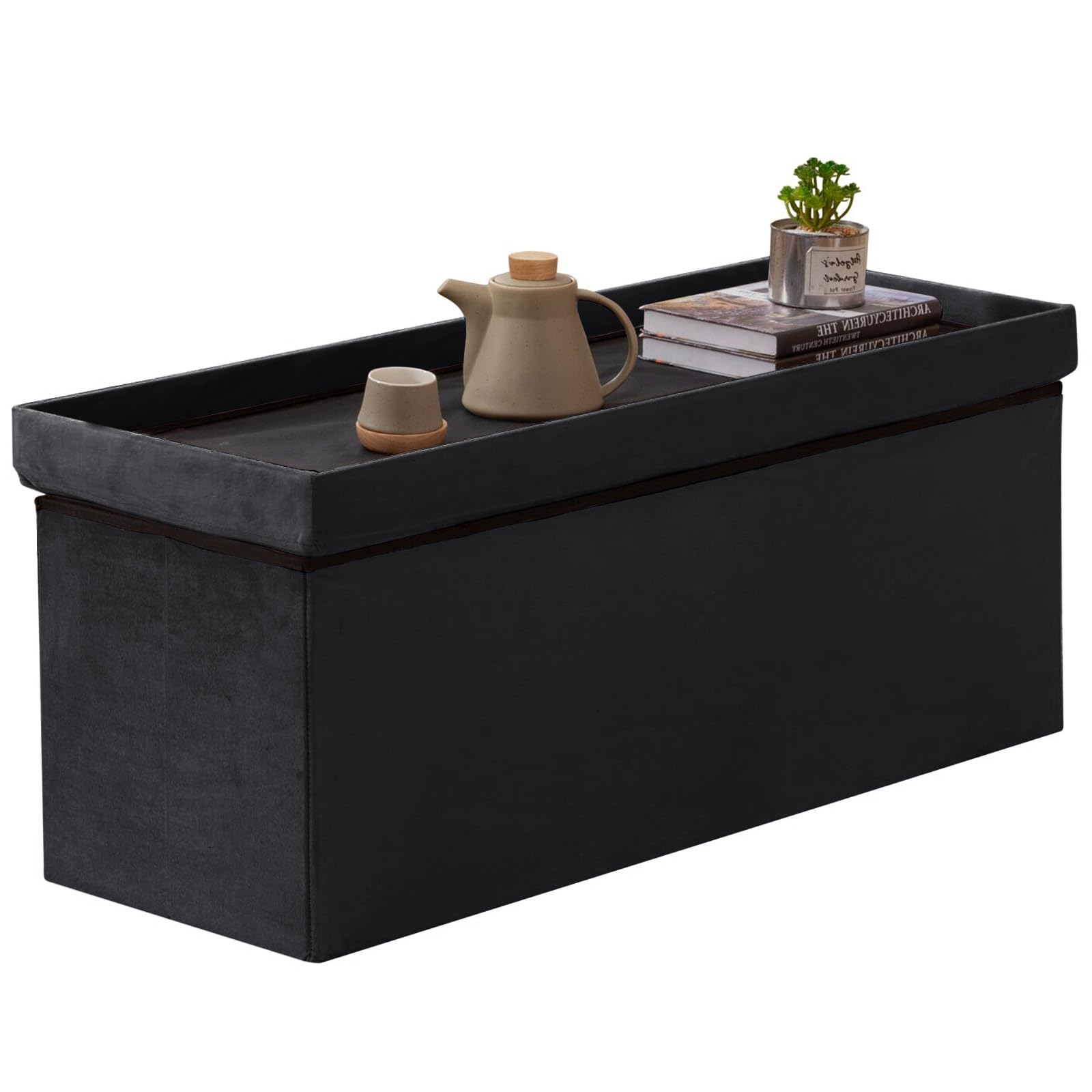 BRIAN & DANY Pouf Rangement Pliable 110x 40x 40cm, Coffre de Rangement Repose Pieds et Bout de Lit, Banc Coffre en Velours avec Couvercle, Tabouret pour Salon Chambre Entrée, Noir