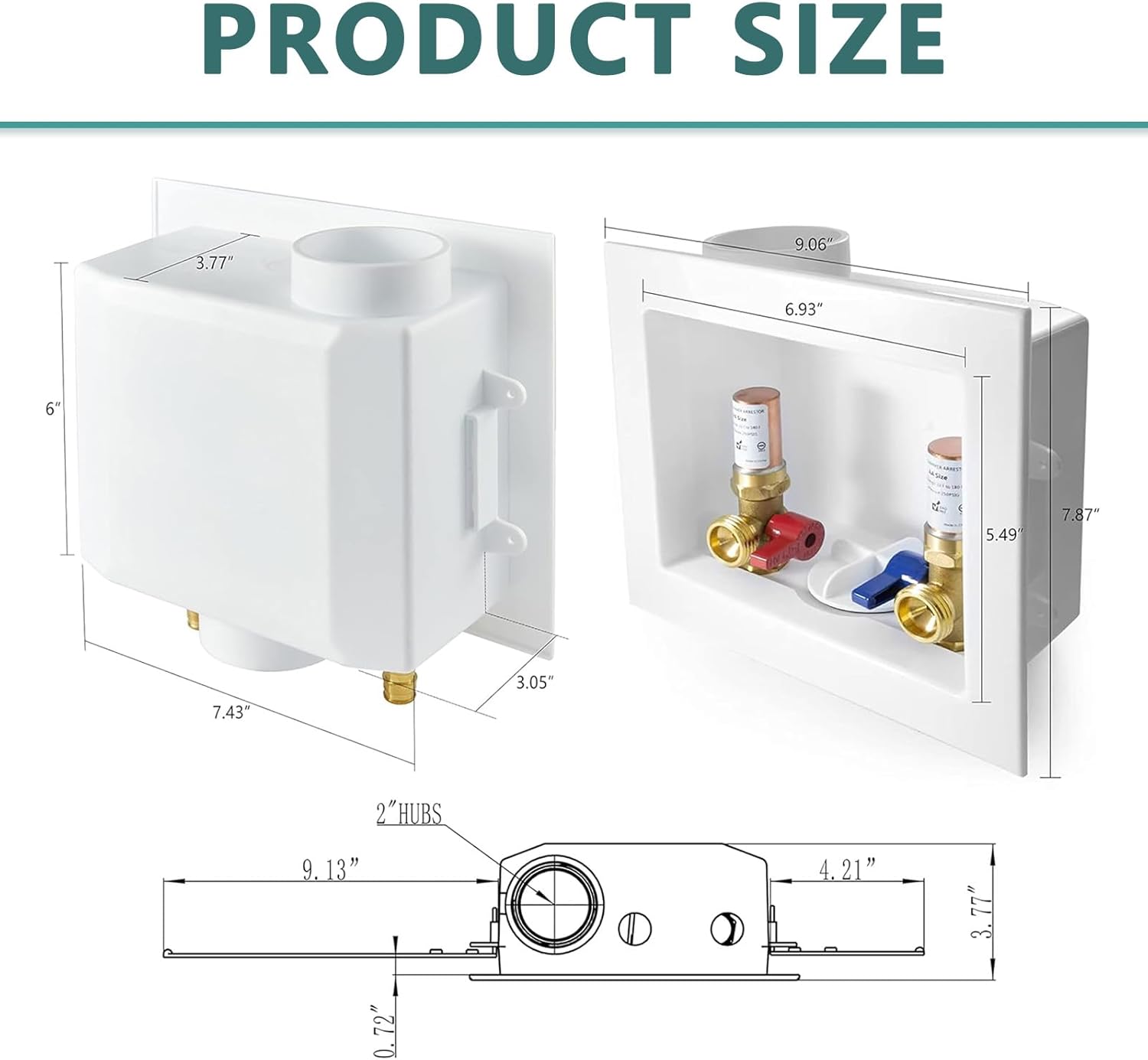 Washing Machine (Laundry) Outlet Box, Center Drain/Side Drain, Niikappu 1/2 Inch Pex-A Inlet x 3/4 Inch MHT Outlet Connection, with Copper Water Hammer Arrestor(WM013)