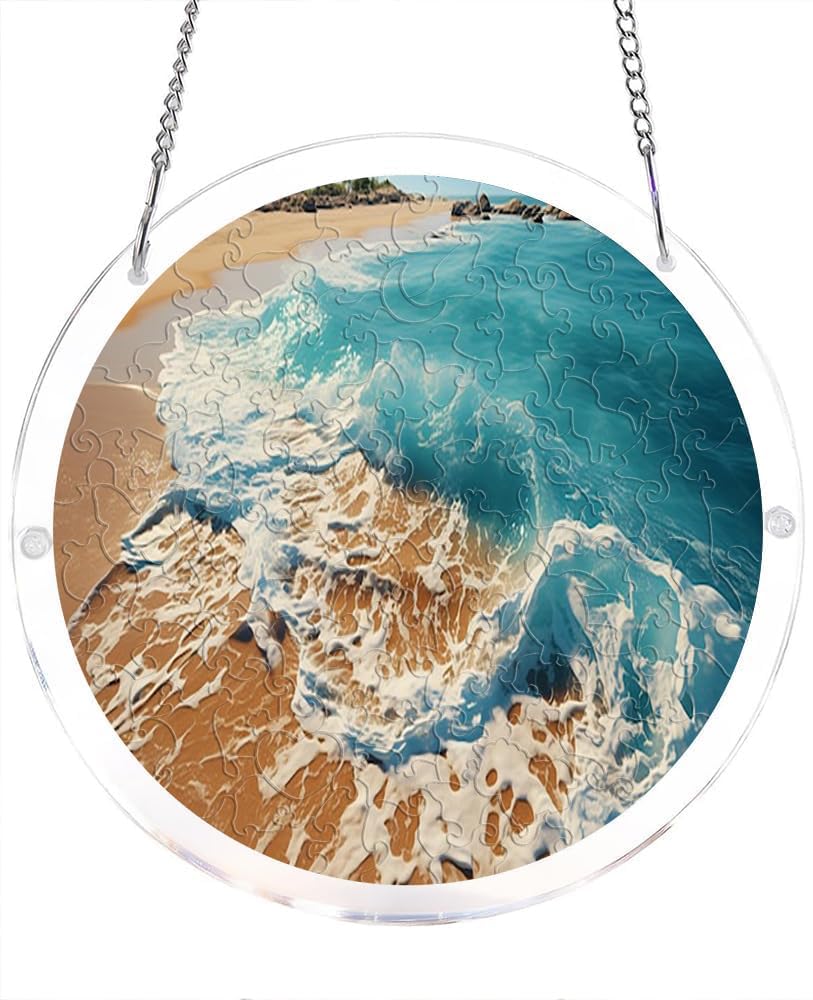 Ocean Waves Beach Acrylic Jigsaw Puzzles Suncatcher, 8.2 Inch Window Hanging Suncatcher Acrylic Puzzle, DIY Home Decor Art Gift