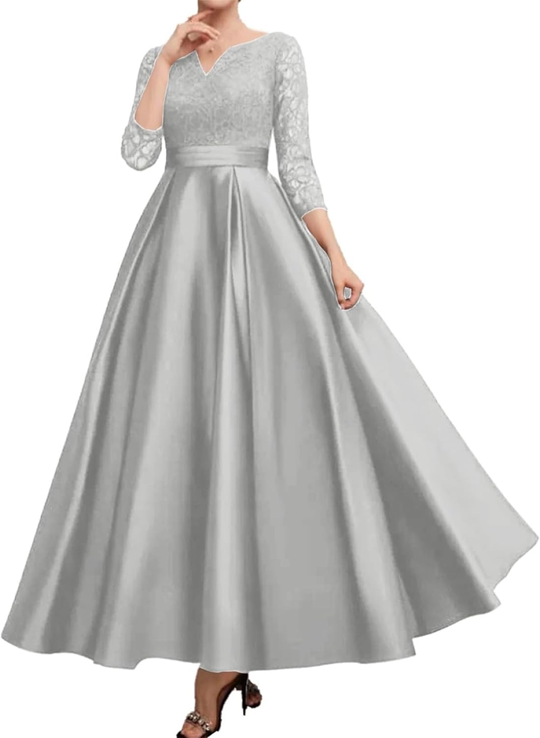 Ankle Length Mother of the Bride Dresses with Sleeves Satin Lace Plus Size Formal Evening Gown