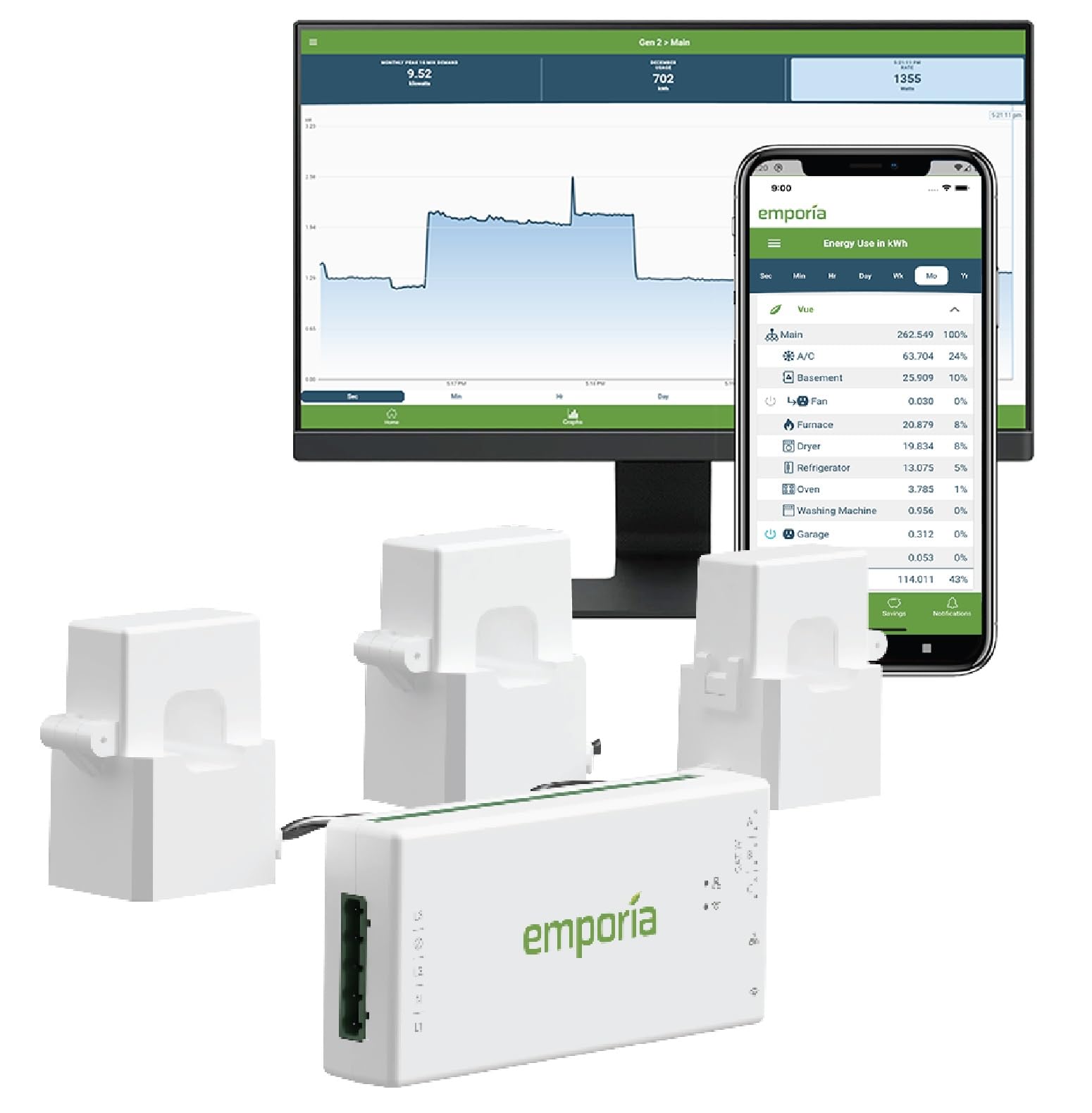 Emporia Vue 3 3-Phase Smart Energy Monitor – Real-Time Electricity Usage Monitor and Power Meter for Business or Home, Solar and Net Metering Compatible, Smart Automation Ready