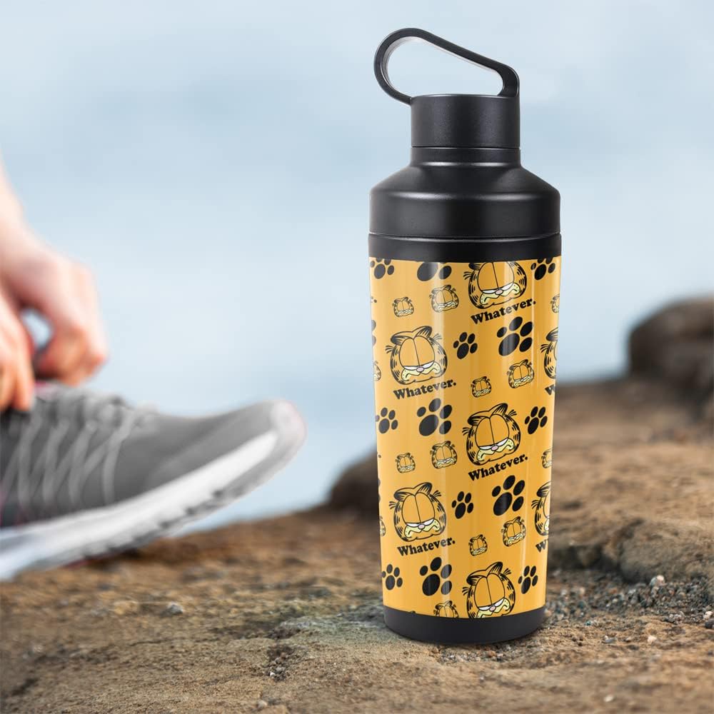 Garfield OFFICIAL Whatever Pattern 18 oz Insulated Water Bottle, Leak Resistant, Vacuum Insulated Stainless Steel with 2-in-1 Loop Cap