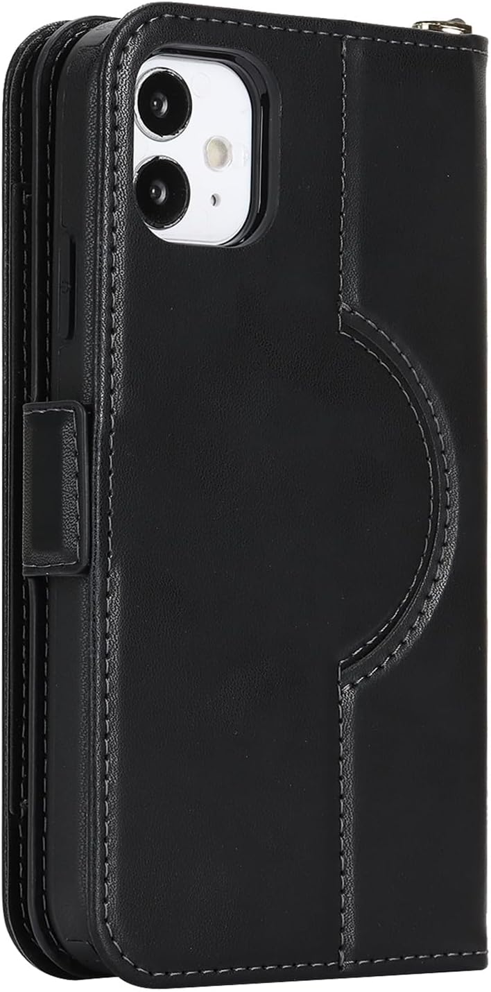 Jaorty for iPhone 11 Detachable Wallet Case, [Compatible with MagSafe] [Card Holder] [Zipper Pocket],2-in-1 PU Leather Flip Purse Kickstand Wrist Strap Magnetic Cover Men Women,Black