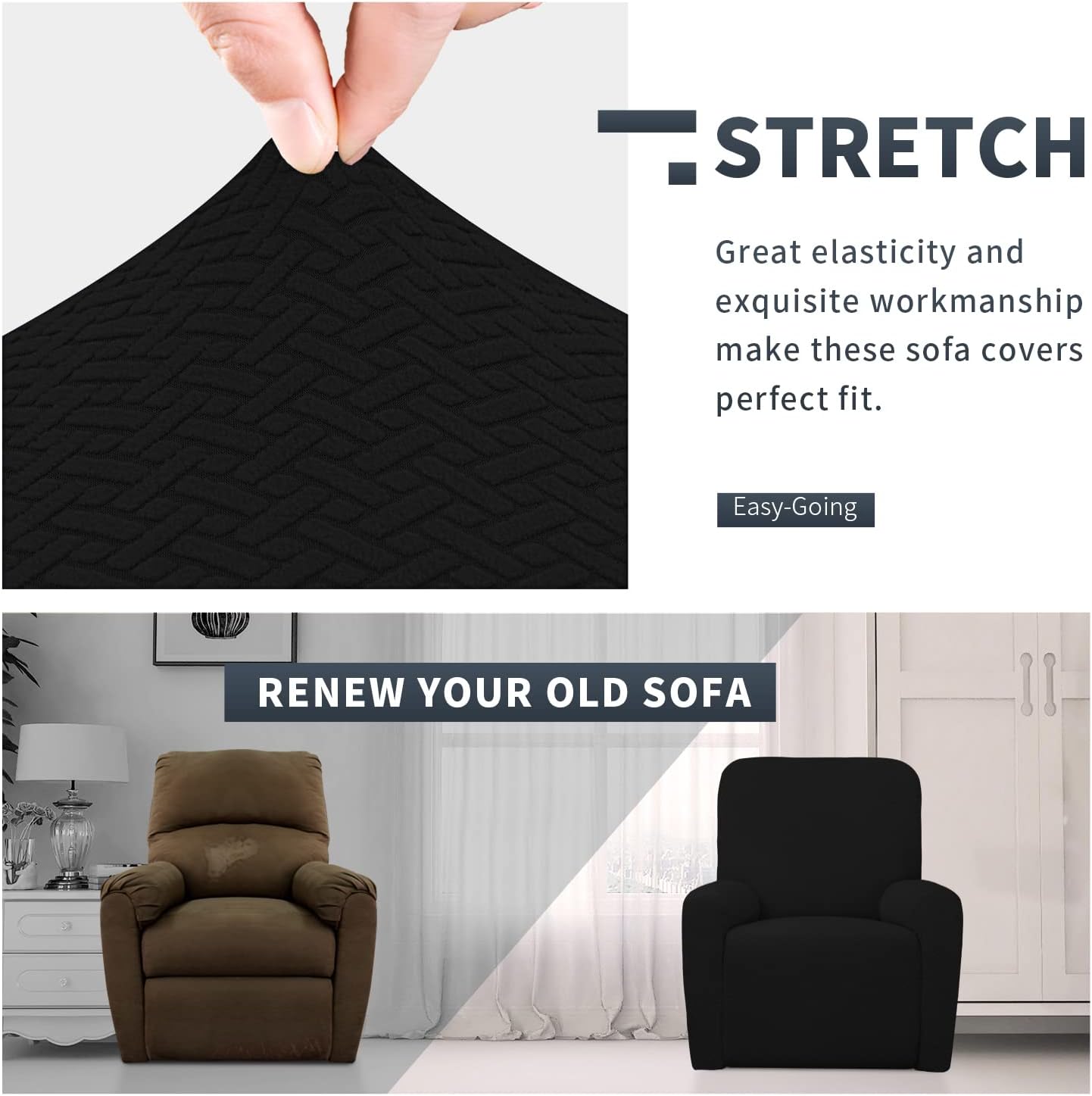 Easy-Going Stretch Jacquard Recliner Couch Cover, 4-Piece Soft Sofa Cover, Sofa Slipcover with Elastic Loop, Washable Furniture Protector for Kids, Pets, Dogs, Cats (Recliner, Black)