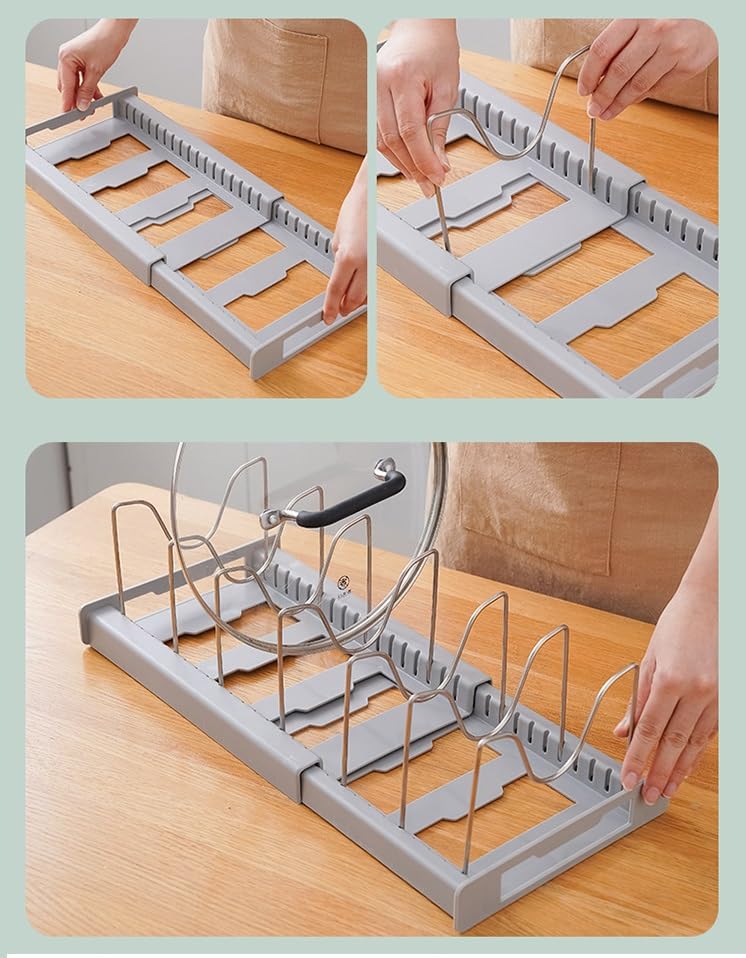 Image of STAR WORK Expandable Pull-Out Pan & Pot Organizer Pan Dish Rack Stand Organizer for Cabinet Kitchen Cabinet Cookware Baking Frying Rack (GREY)