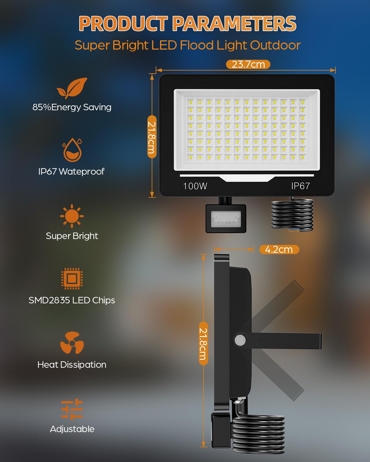 Foco LED con Sensor de Movimiento 100W - 10000LM 6500K Focos LED Exterior con Sensor de Movimiento IP67 Impermeable para Jardin, Patio (1 Piezas)