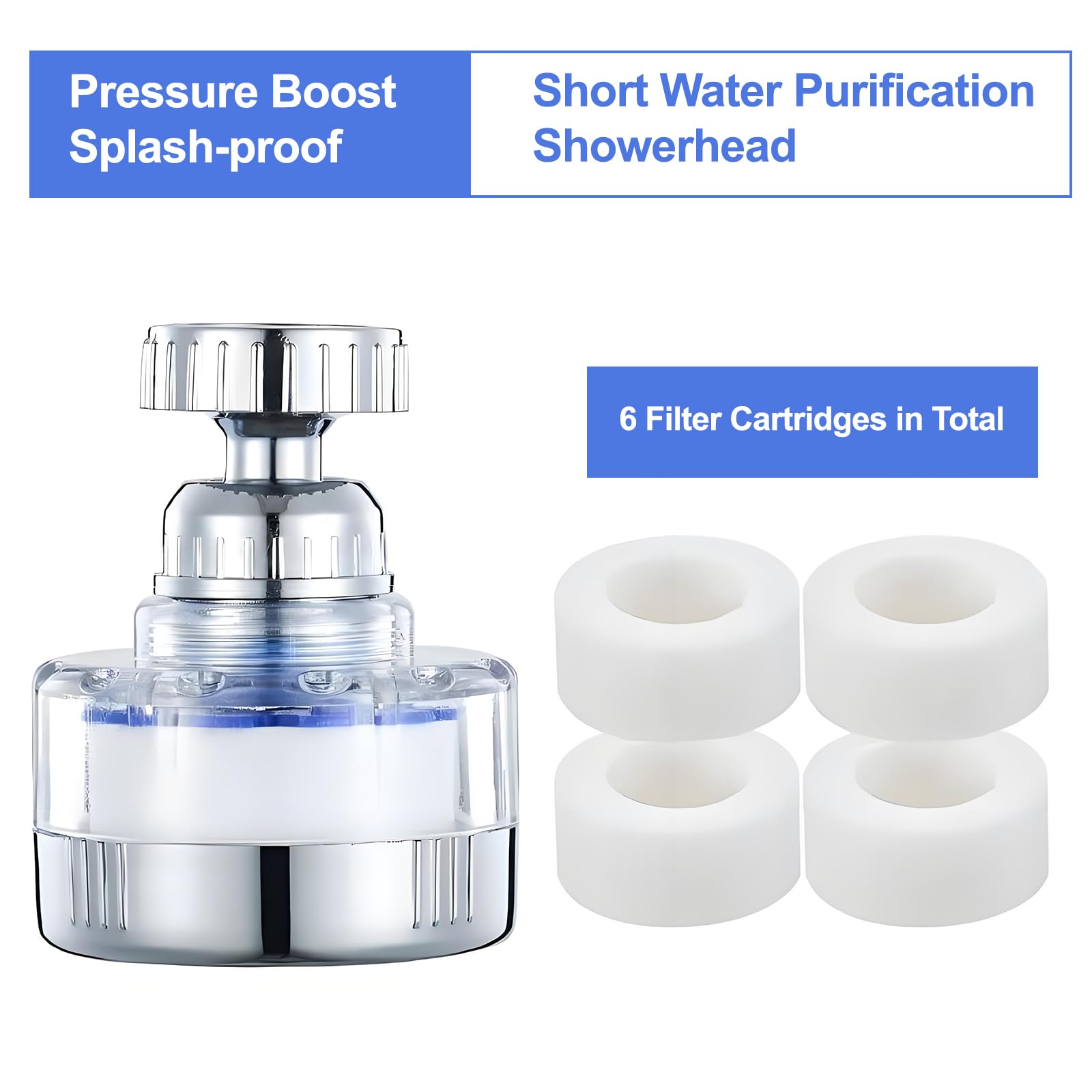 Filtre à eau Robinet Anti Calcaire avec 6 éléments Filtrants en coton PP, Tête de Pulvérisateur Rotatif 360°