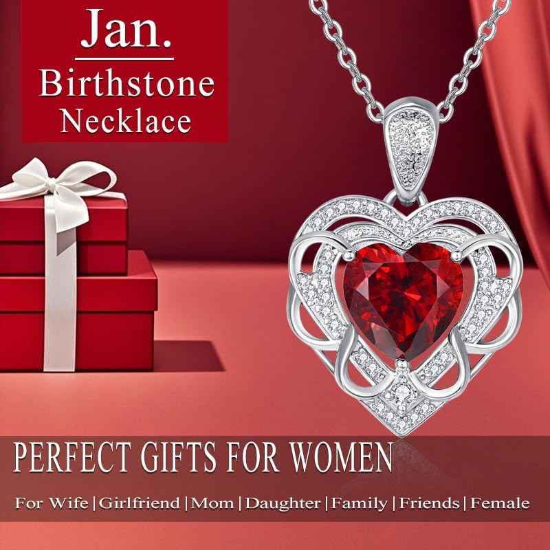 HeartMelody Necklace Birthday Gifts for Women,Garnet Birthstone Love Heart Pendant Necklace Anniversary Present for Wife, 18K White Gold Plated Jewelry Gifts for Mom Her - Image 3