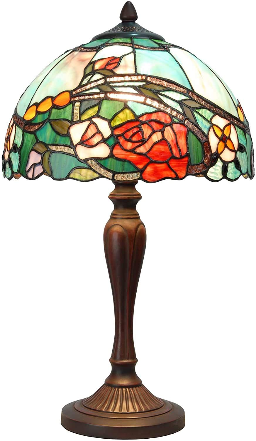 Bieye L30737 Rose Flower Tiffany Style Stained Glass Table Lamp with 12-inch Wide Lampshade, 21-inch Tall, Red
