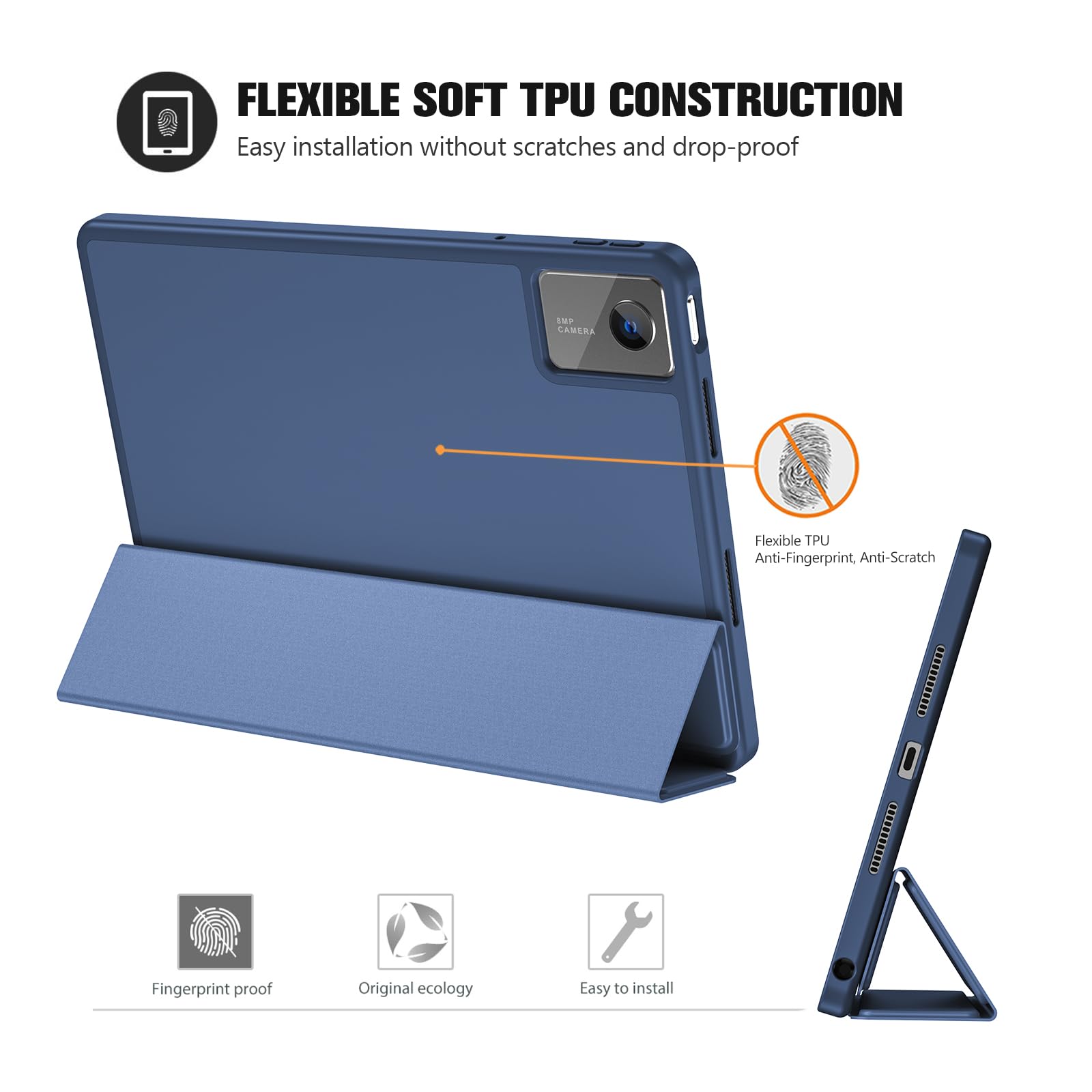 ProCase Funda para Lenovo Idea Tab 11" 2025 TB-336ZU/TB-336FU, Funda Folio con Soporte para Lápiz, Funda Protectora de TPU Suave -Azul Oscuro - 5