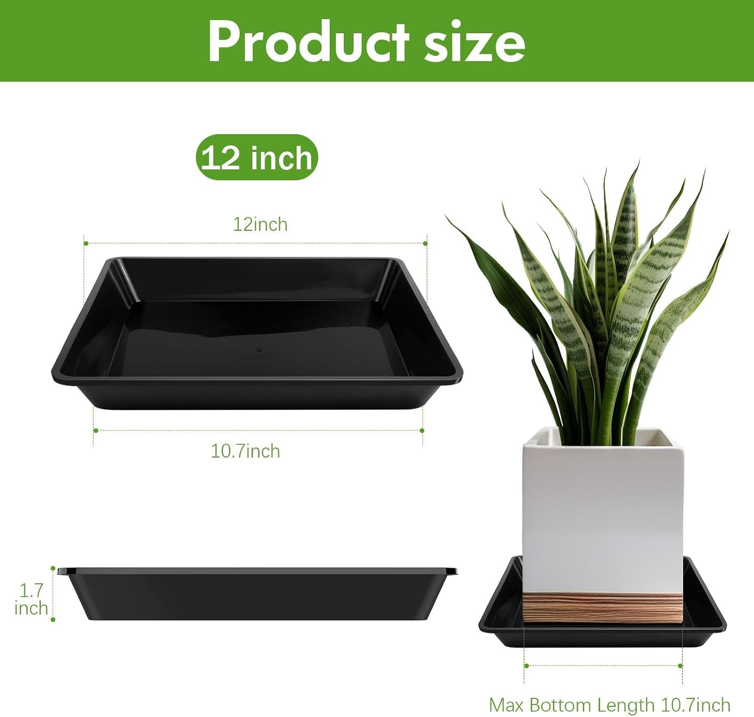 Sottovaso quadrato per piante, 30,5 cm, nero, durevole e spesso, in plastica, per raccogliere l'acqua, per interni ed esterni, confezione da 6