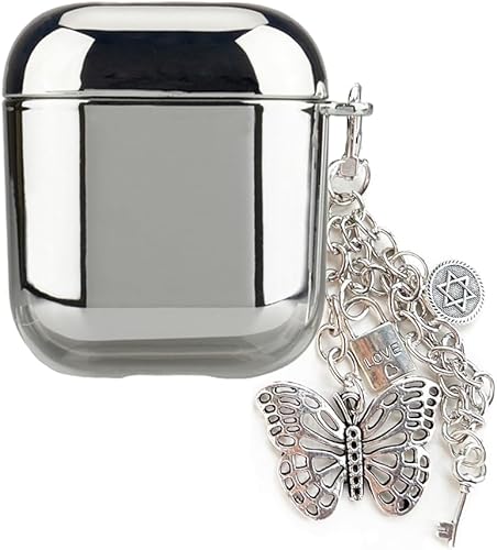 Miniatura 3 de Funda compatible con AirPods 1 y 2, a prueba de golpes, espejo chapado en plata, piel suave con cadena de mariposa, llavero colgante 02