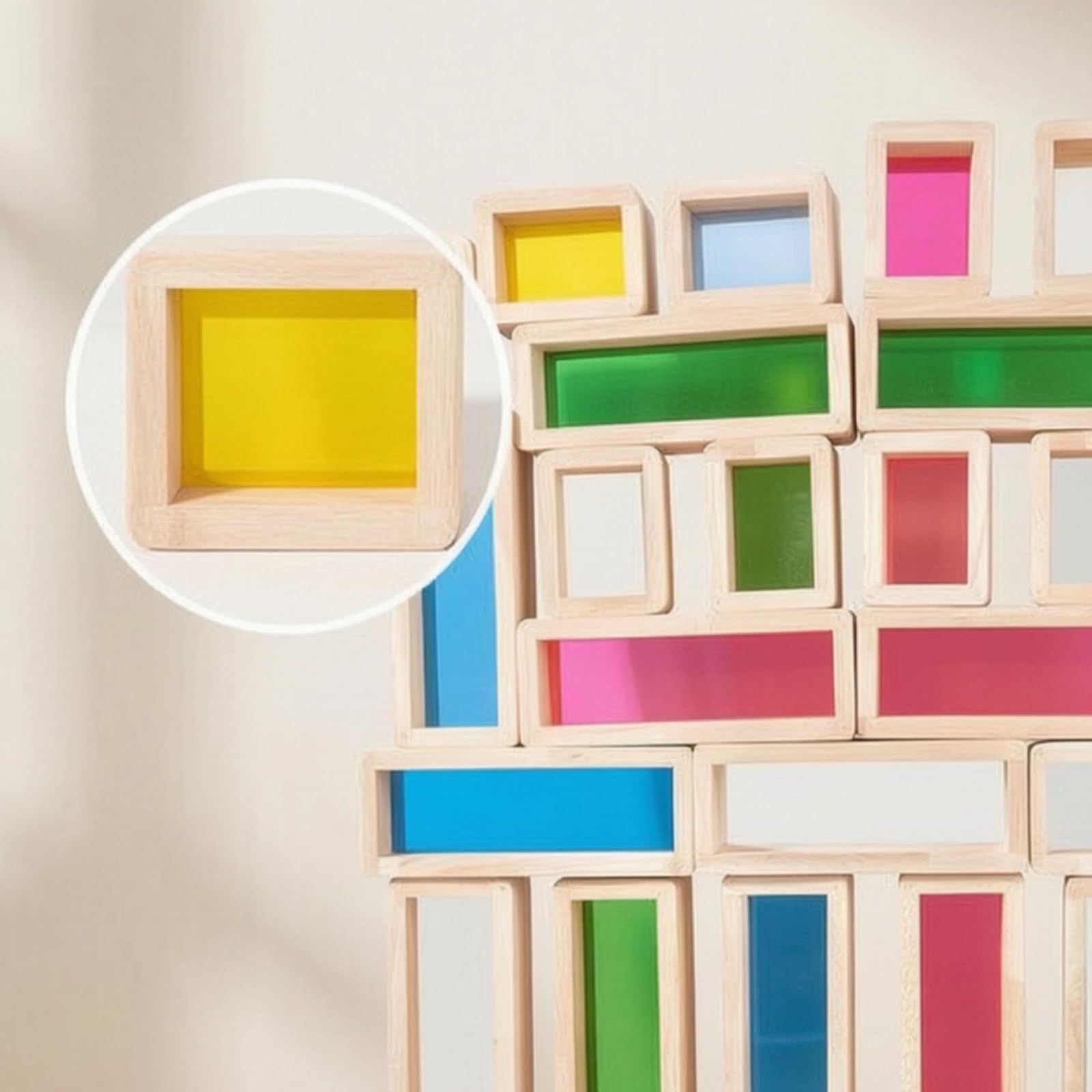 36 Stück Kinder Lernbausteine Holzbausteine Steckbausteine Konstruktionsklötze mit Glatter Oberfläche Und Farbwechselnden Acrylfenstern für Räumliches Denken für Unterricht Kita Spielzimmer