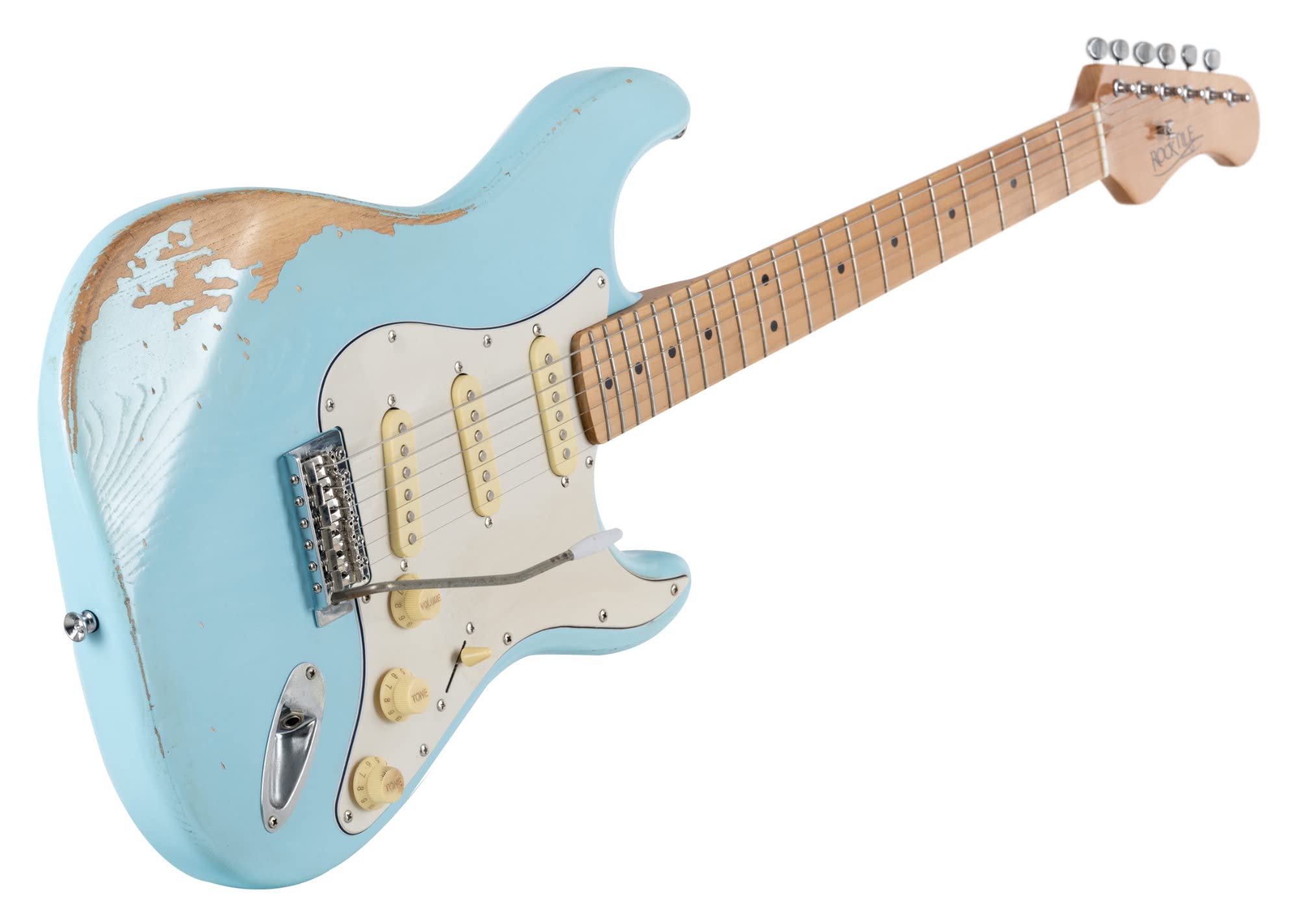 Rocktile Vinstage ST-RMGN E-Gitarre - Relic-Gitarre in Aged-Style - Korpus: Esche - Griffbrett/Hals: gerösteter Ahorn - 3x Single Coil Pickup - Vintage-Hardware - Bright Sky Blue