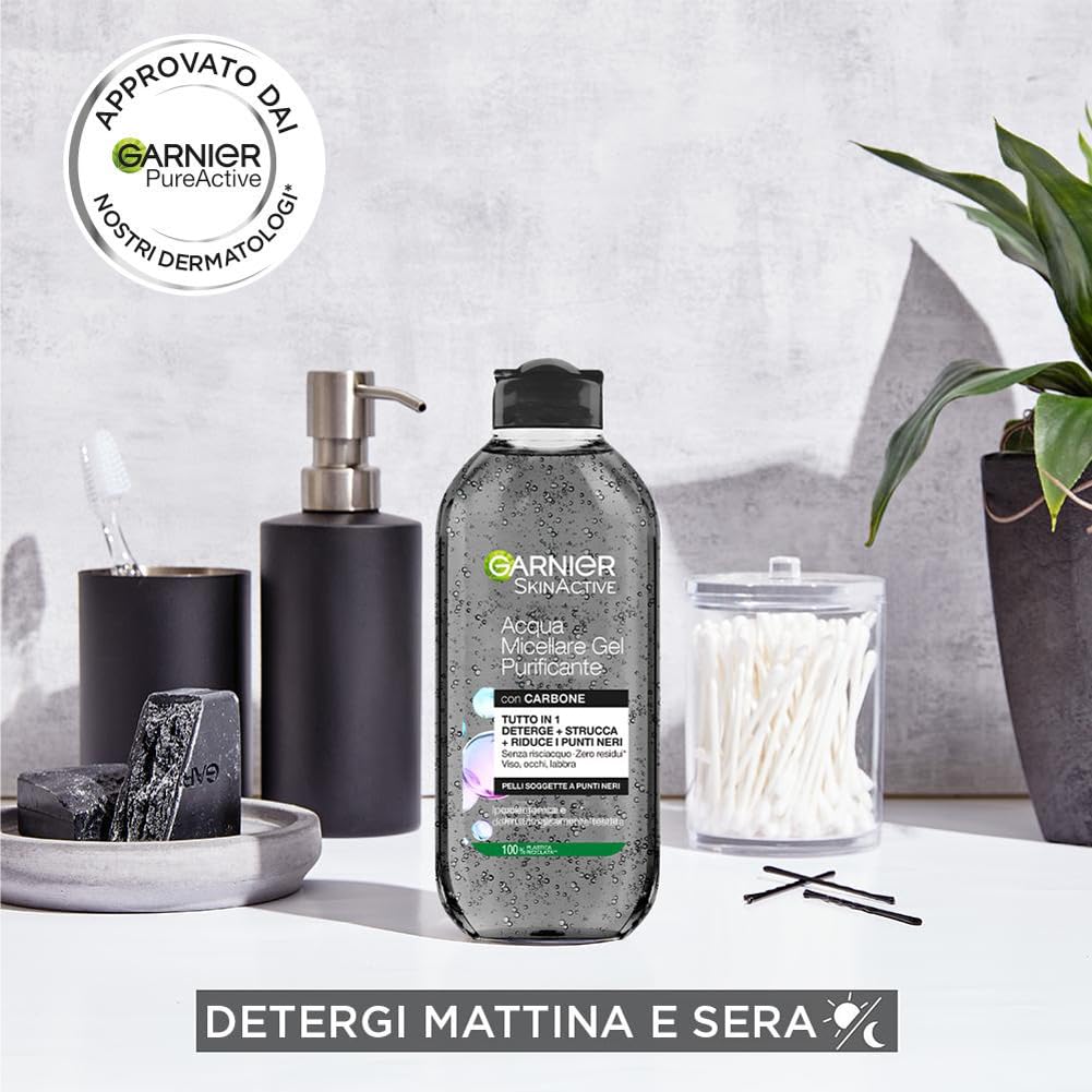 Garnier SkinActive Acqua Micellare Gel Purificante con Carbone, Detergente e Opacizzante, Per Tutti i Tipi di Pelle, Senza Risciacquo, Formula Vegana, 400 ml