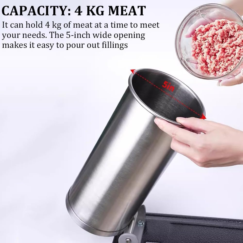 8-Pound Stainless Steel Horizontal Sausage Stuffer, A Manual Sausage Maker for Home Use, with 8 Sausage Stuffing Funnels and A Clamp-Type Base Design