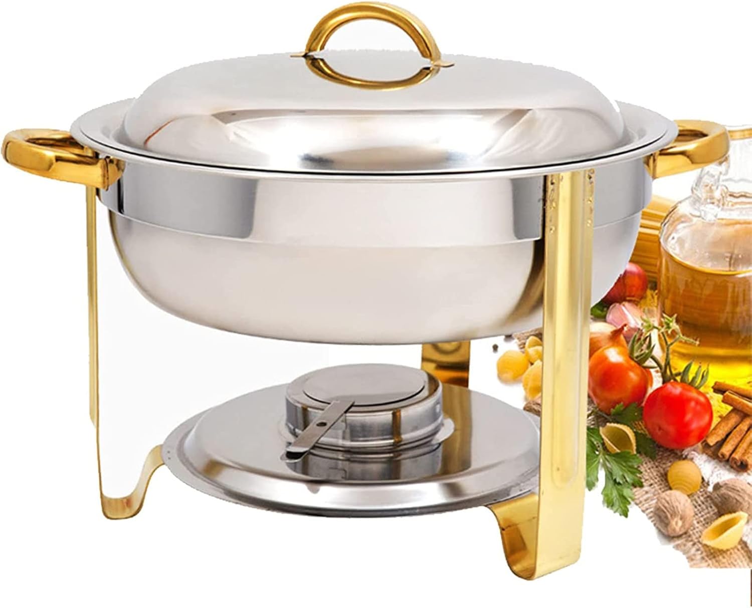3.5 L Gold Plated Chafing Dish Set, Stainless Steel Round Durable Buffet Server Food Warmer Tray, with Lid, Food Pan and Fuel Holder, for Party Restaurant Wedding,